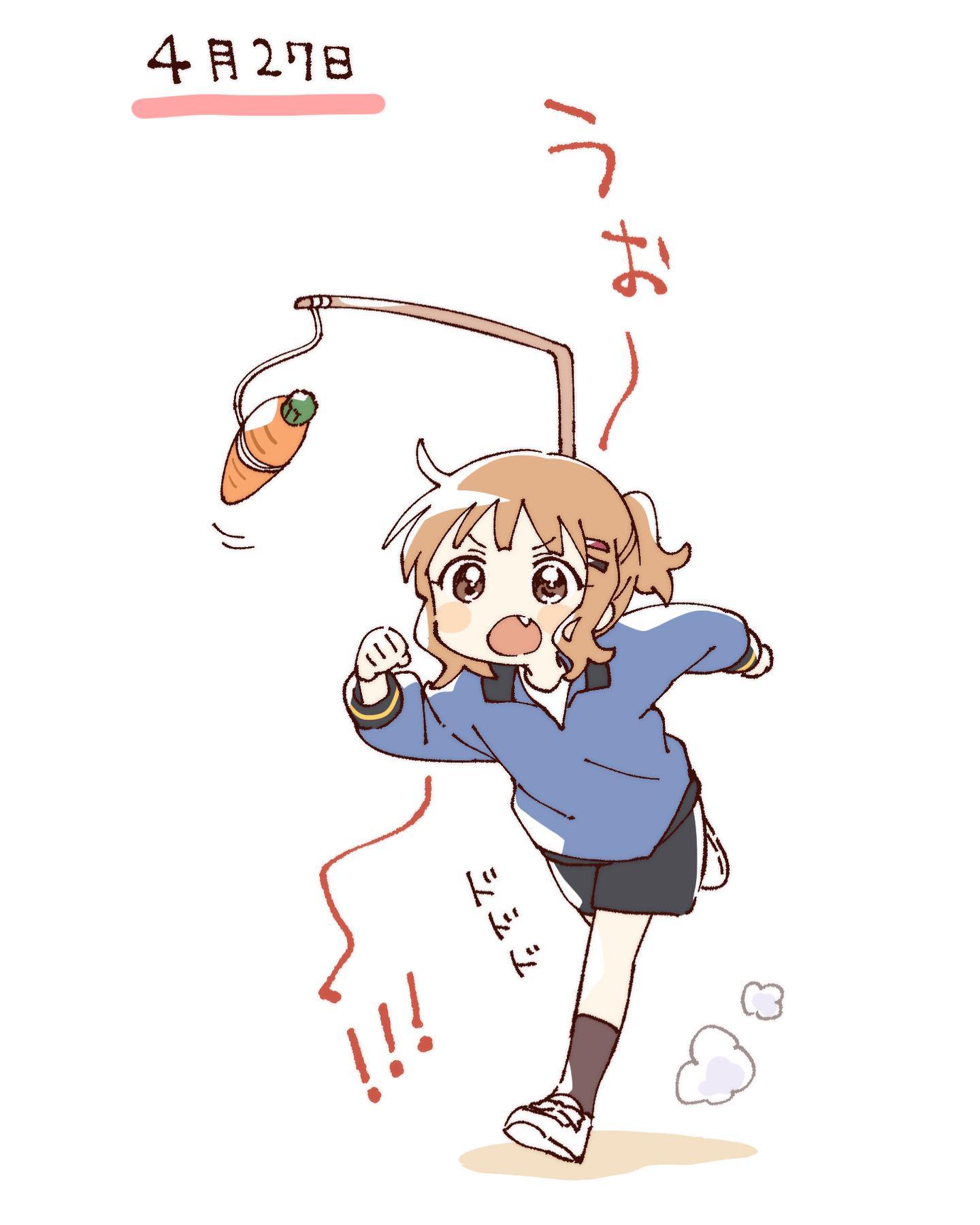 namori, oomuro sakurako, yuruyuri, hashtag-only commentary, highres, translation request, 1girl, :o, alternate hairstyle, black shorts, blue shirt, blush stickers, brown hair, brown socks, carrot on stick, full body, long sleeves, open mouth, ponytail, shirt, shoes, short hair, shorts, simple background, socks, solo, standing, standing on one leg, v-shaped eyebrows, white background, white shoes