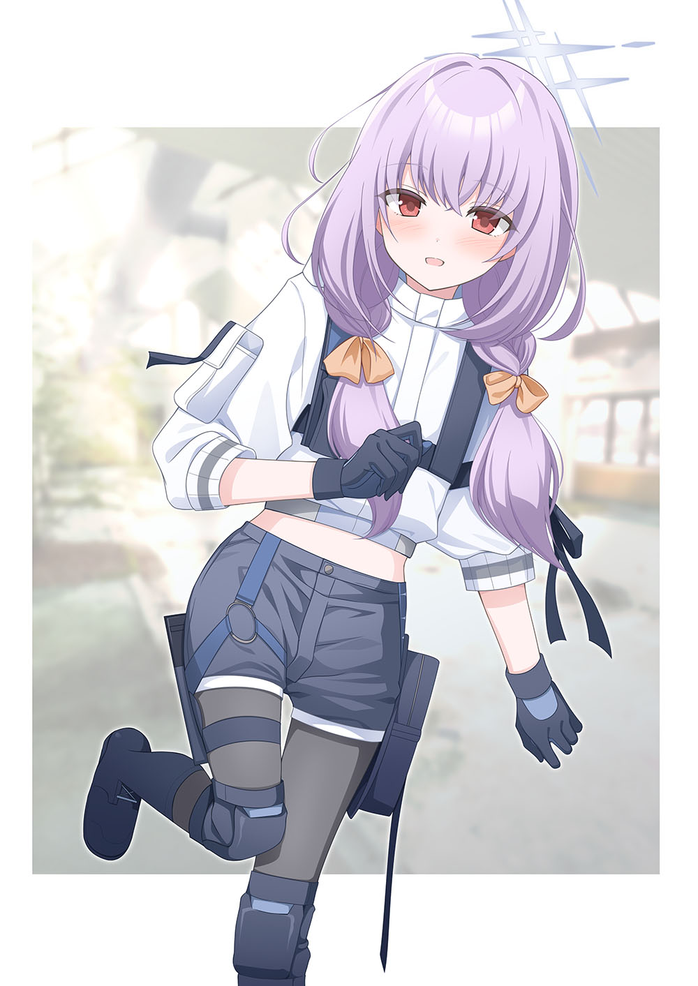 eko, atsuko (blue archive), blue archive, highres, 1girl, black pantyhose, blue gloves, blue halo, boots, gloves, grey shorts, halo, knee pads, looking at viewer, pantyhose, purple hair, red eyes, shirt, short shorts, shorts, solo, twintails, white shirt