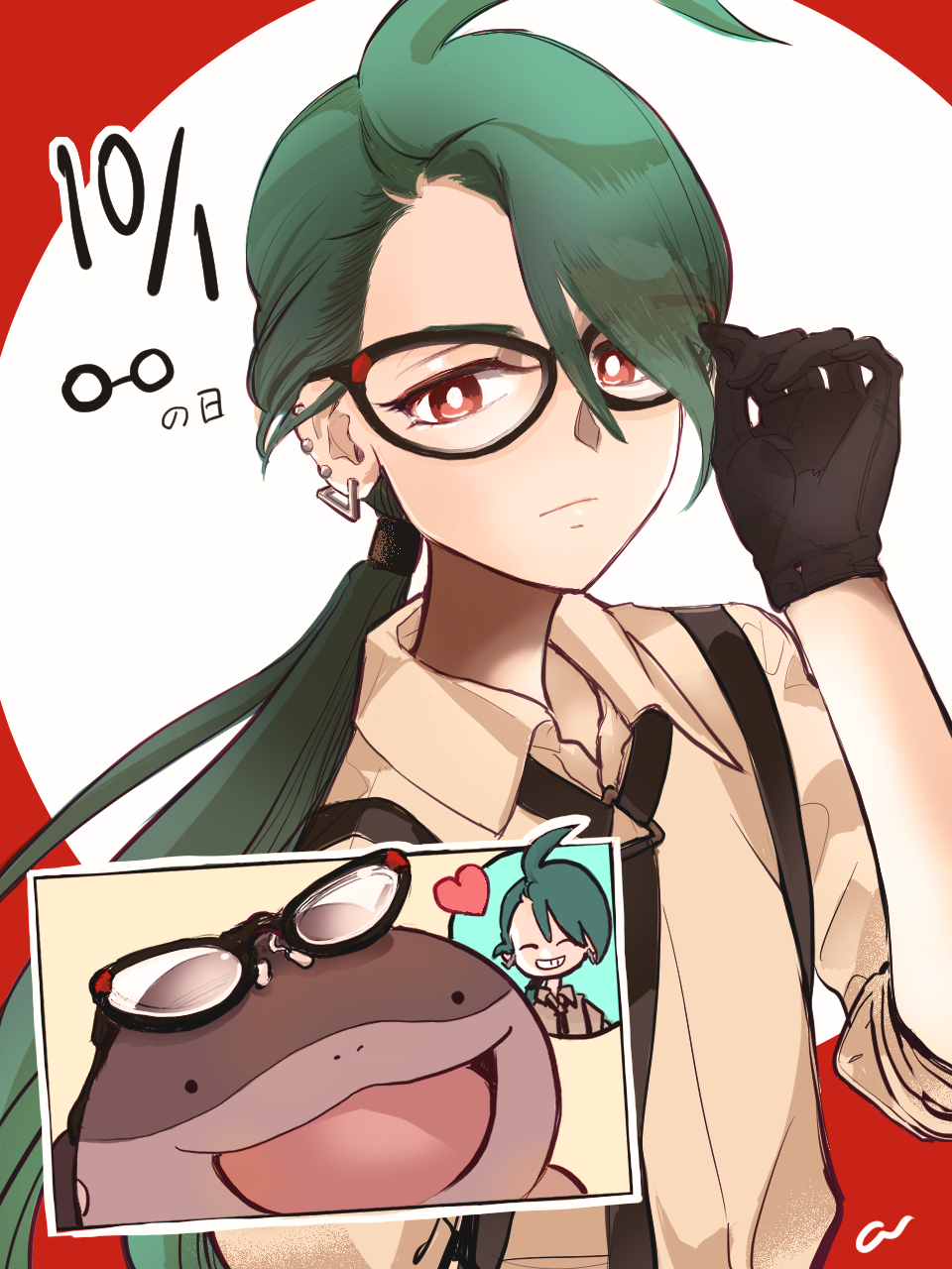 clodsire, rika (pokemon), nintendo, pokemon, pokemon sv, highres, 1girl, ahoge, androgynous, ayagohan512, black necktie, bright pupils, cat eye-framed eyewear, closed mouth, collared shirt, ear piercing, earrings, glasses, glasses day, green hair, jewelry, necktie, piercing, pokemon (creature), ponytail, red eyes, reverse trap, shirt, suspenders, triangle earrings, white pupils