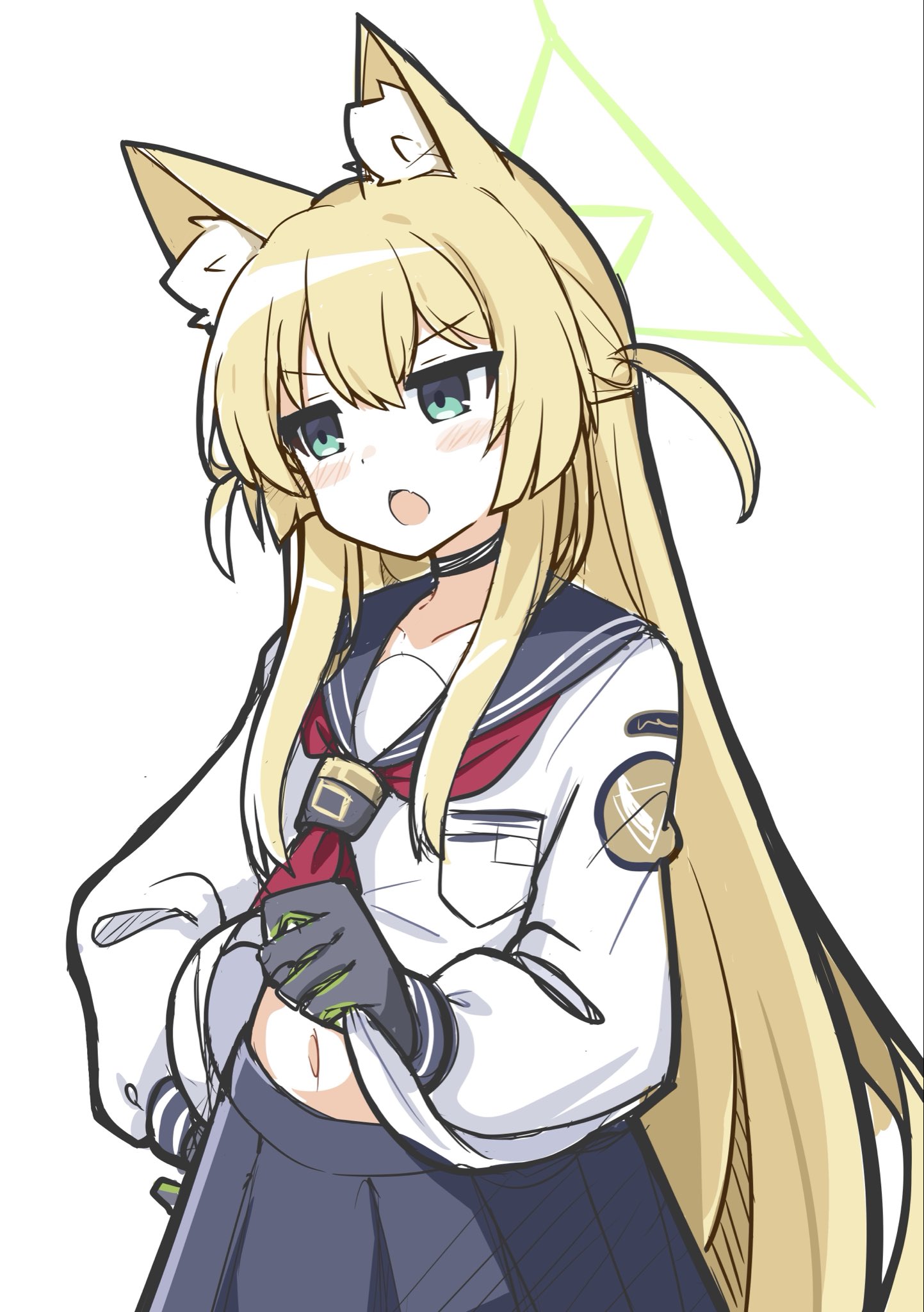 sironuigurumi, kurumi (blue archive), blue archive, highres, animal ears, black choker, blonde hair, blue sailor collar, blue skirt, breasts, choker, fox ears, fox girl, gloves, green eyes, green gloves, green halo, grey gloves, hair between eyes, halo, long hair, looking at viewer, navel, neckerchief, red neckerchief, sailor collar, shirt, simple background, skirt, small breasts, two-tone gloves, white background, white shirt
