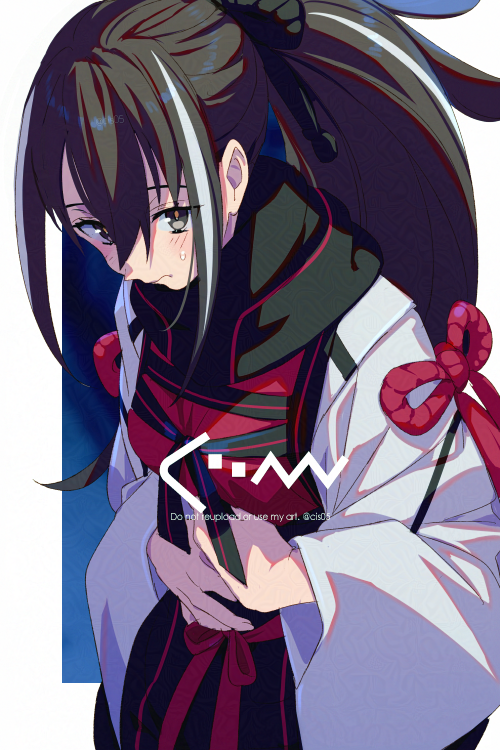 echo (circa), kawakami gensai (fate), fate/grand order, fate (series), 1girl, black hair, black scarf, black shorts, breasts, brown eyes, cropped shirt, high-waist shorts, long hair, long sleeves, looking at viewer, medium breasts, multicolored hair, ponytail, red shirt, scarf, shirt, shorts, sidelocks, solo, streaked hair, white hair, white sleeves, wide sleeves