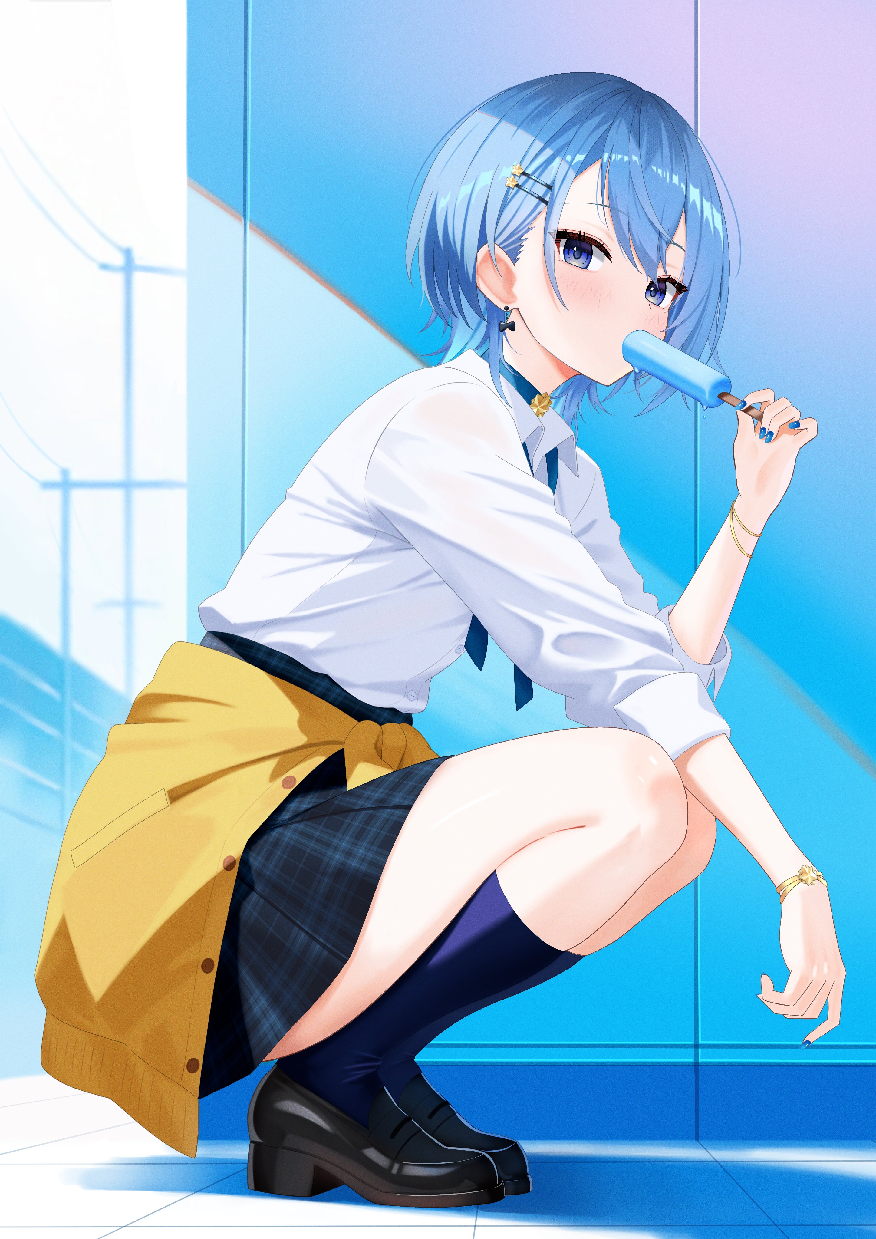telu (teluscarlet), hoshimachi suisei, hololive, absurdres, commentary request, highres, 1girl, alternate costume, blue choker, blue eyes, blue hair, blue nails, bob cut, bracelet, cardigan, cardigan around waist, choker, clothes around waist, collared shirt, double-parted bangs, dress shirt, food, food in mouth, from side, full body, gold bracelet, gyaru, hair between eyes, hair ornament, hairclip, holding, holding food, holding popsicle, jewelry, kneehighs, looking at viewer, looking to the side, miniskirt, nail polish, parallel hairclips, plaid clothes, plaid skirt, pleated skirt, popsicle, school uniform, shirt, shirt tucked in, short hair, skirt, sleeves rolled up, socks, solo, squatting, star (symbol), star in eye, symbol in eye, tile floor, tiles, virtual youtuber, white shirt, yellow cardigan