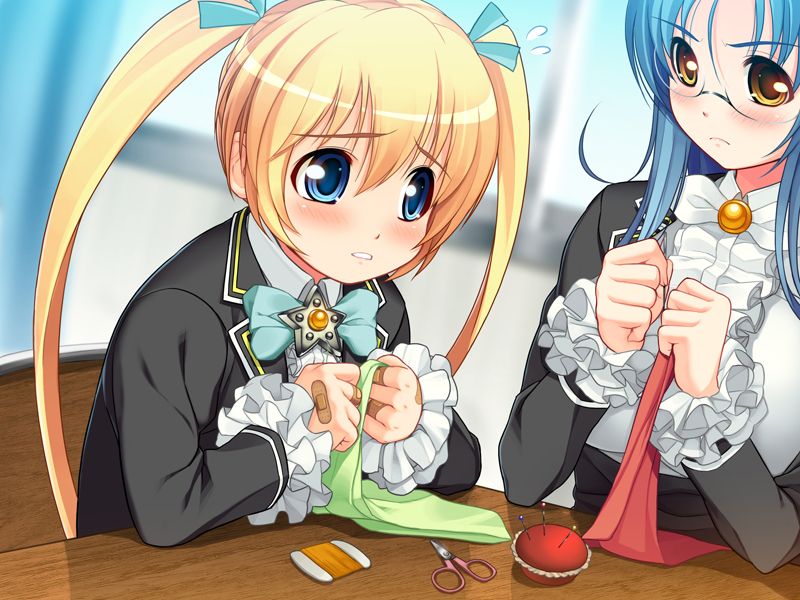 tsuji santa, garnet (sumaga), mira (sumaga), nitroplus, sumaga, game cg, 2girls, angry, bandaid, bandaid on finger, bandaid on hand, black jacket, blonde hair, blue bow, blue bowtie, blue eyes, blue hair, blush, bow, bowtie, breasts, brooch, chair, cloth, curtains, flying sweatdrops, glasses, green ribbon, hair ribbon, holding, holding cloth, jacket, jewelry, large breasts, long hair, long sleeves, multiple girls, needle, parted lips, ribbon, school uniform, scissors, sewing, sewing needle, shirt, sitting, star brooch, table, teeth, thread, twintails, white bow, white bowtie, white shirt, window, yellow eyes