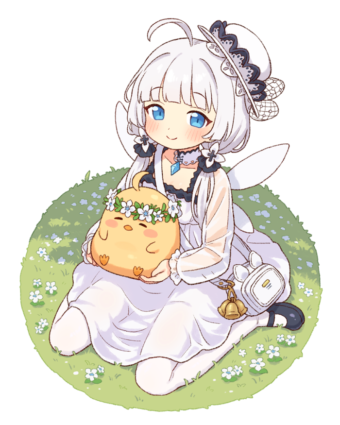 onyhakase, little illustrious (azur lane), manjuu (azur lane), azur lane, commentary, 1girl, baby animal, bird, blue eyes, chick, dress, flower, hat, pantyhose, see-through clothes, see-through sleeves, sitting, smile, white dress, white hair, white pantyhose