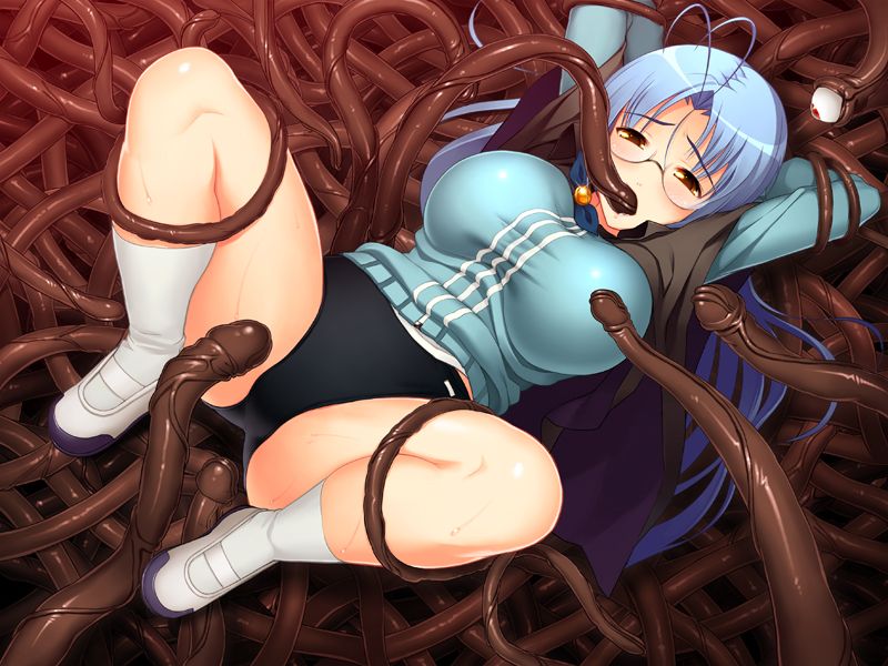 tsuji santa, nitroplus, sumaga, eyebrows, game cg, 1girl, blue hair, breasts, female focus, glasses, large breasts, long hair, looking at viewer, oral, solo, tentacles, yellow eyes