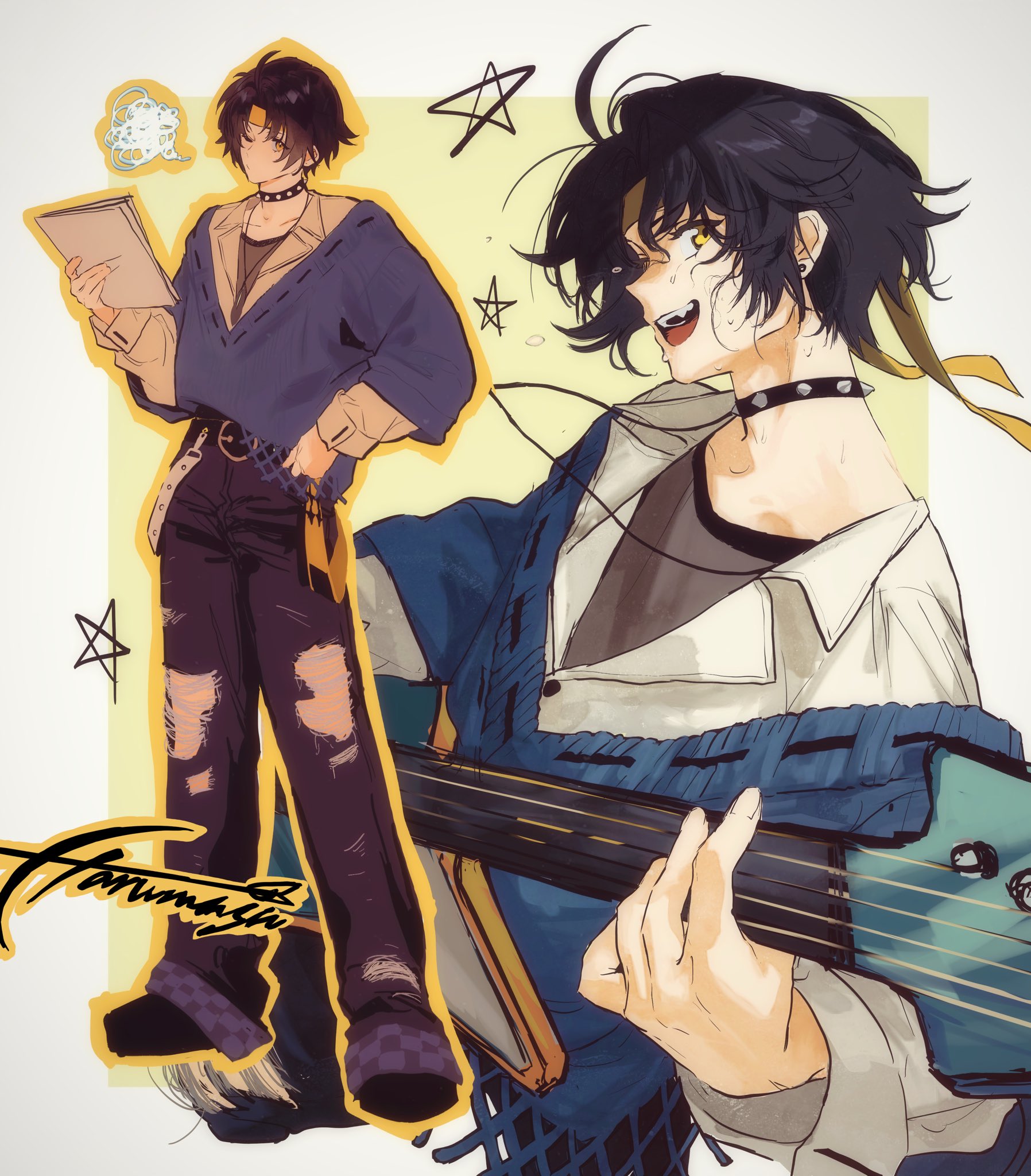 hhhye tw, asaba harumasa, zenless zone zero, highres, 1boy, belt, black hair, black pants, black shirt, black shoes, blue sweater, collar, earrings, electric guitar, fang, guitar, headband, holding, holding guitar, holding instrument, holding paper, instrument, jewelry, looking at viewer, music, necklace, off-shoulder sweater, off shoulder, one eye closed, open mouth, pants, pants rolled up, paper, playing guitar, playing instrument, shirt, shoes, short hair, solo, spiked collar, spikes, star (symbol), sweat, sweater, teeth, tongue, torn clothes, torn pants, upper teeth only, white background, white shirt, yellow background, yellow eyes, yellow headband
