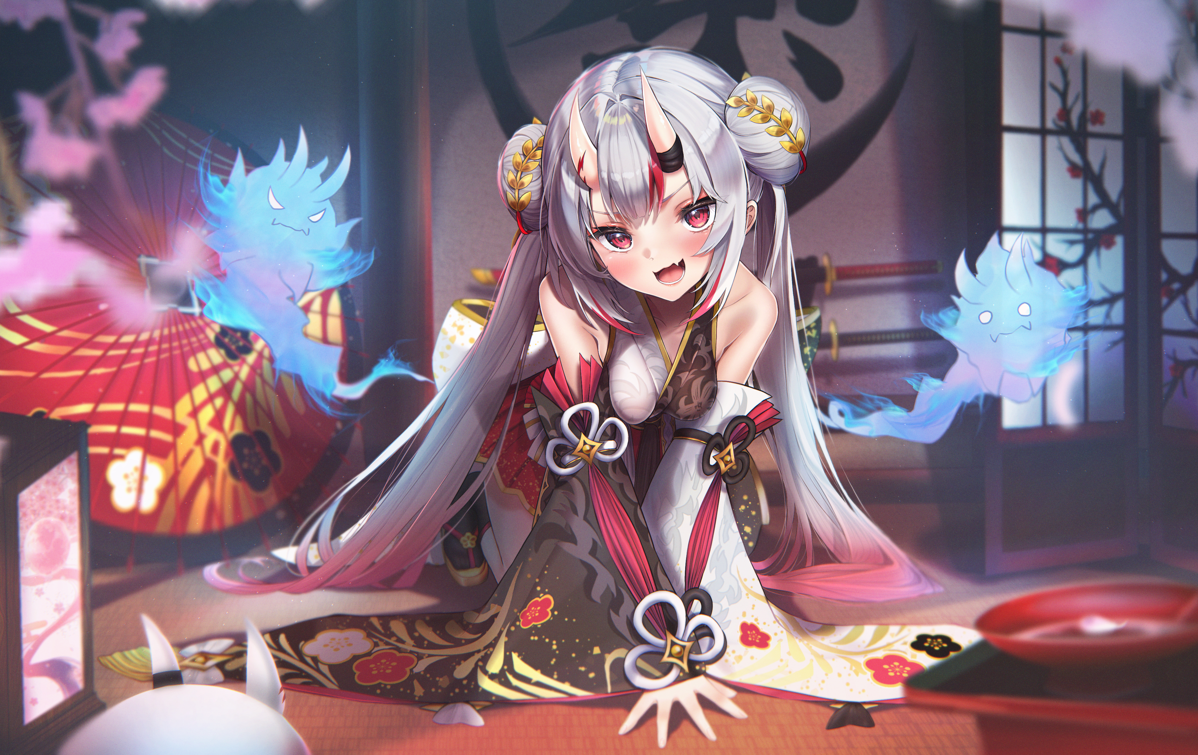 terra bose, karma (nakiri ayame), nakiri ayame, poyoyo (nakiri ayame), shiranui (nakiri ayame), hololive, absurdres, commentary request, highres, 1girl, :d, all fours, asymmetrical sleeves, bare shoulders, black kimono, black sleeves, black socks, blurry, blurry background, breasts, detached sleeves, double bun, fang, floral print, floral print kimono, floral print sleeves, furisode sleeves, gold trim, gradient hair, grey hair, hair between horns, hair bun, horns, indoors, japanese clothes, kimono, long hair, looking at viewer, medium breasts, mismatched sleeves, multicolored hair, nakiri ayame (8th costume), official alternate costume, official alternate hairstyle, oni, open mouth, print kimono, red eyes, red hair, skin-covered horns, skin fang, smile, socks, solo, streaked hair, twintails, two-tone kimono, v-shaped eyebrows, very long hair, virtual youtuber, white kimono, white sleeves, wide sleeves