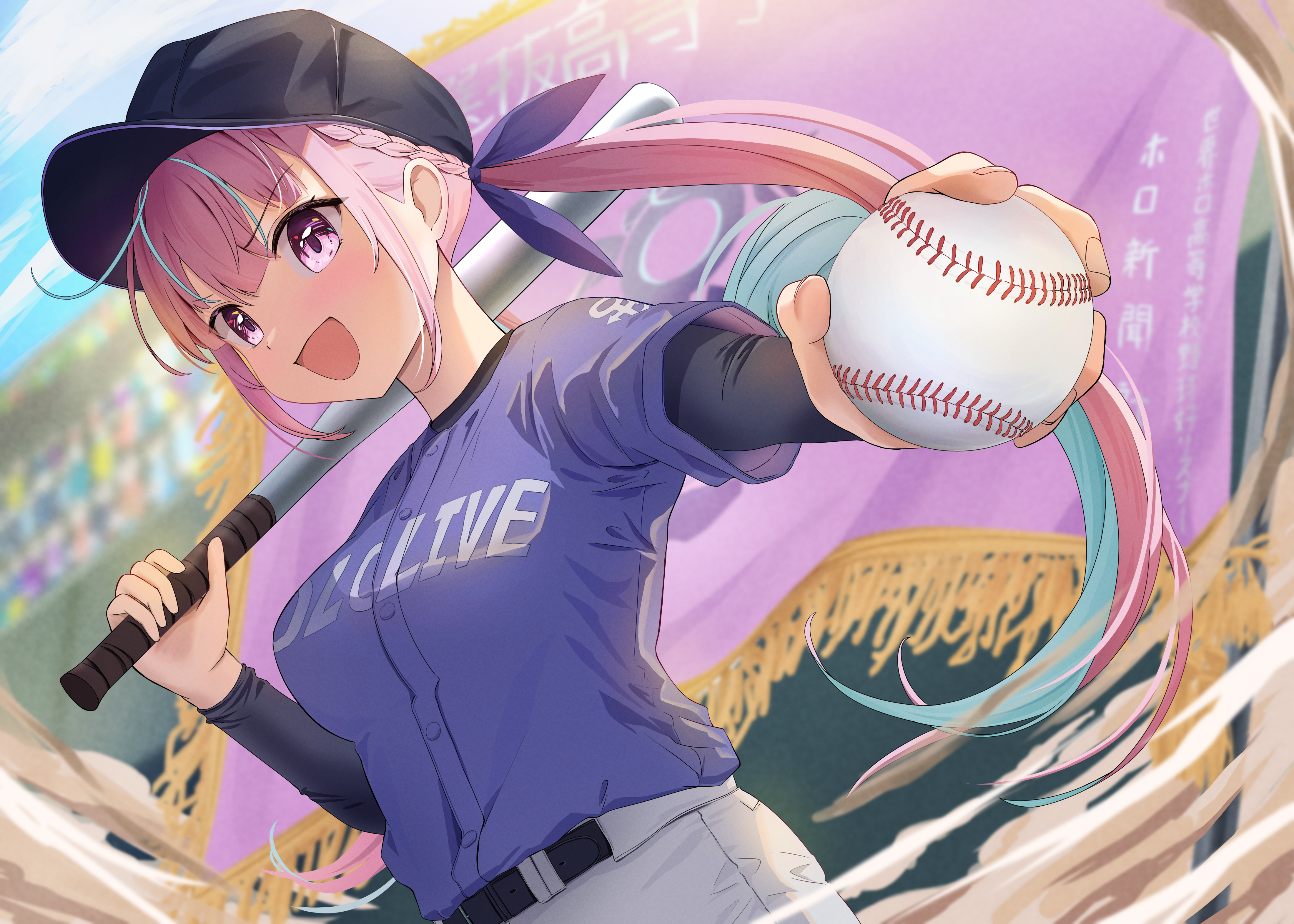 mochiki 927, minato aqua, hololive, absurdres, highres, 1girl, aqua hair, ball, baseball, baseball bat, baseball cap, baseball stadium, belt, black belt, black hat, black shirt, blue sky, blurry, blurry background, blush, braid, breasts, curly hair, day, fingernails, hair ribbon, hat, holding, holding ball, holding baseball bat, long hair, long sleeves, metal baseball bat, multicolored hair, open mouth, outdoors, pants, pink eyes, pink hair, purple ribbon, purple shirt, ribbon, shirt, sky, smile, streaked hair, twintails, white pants