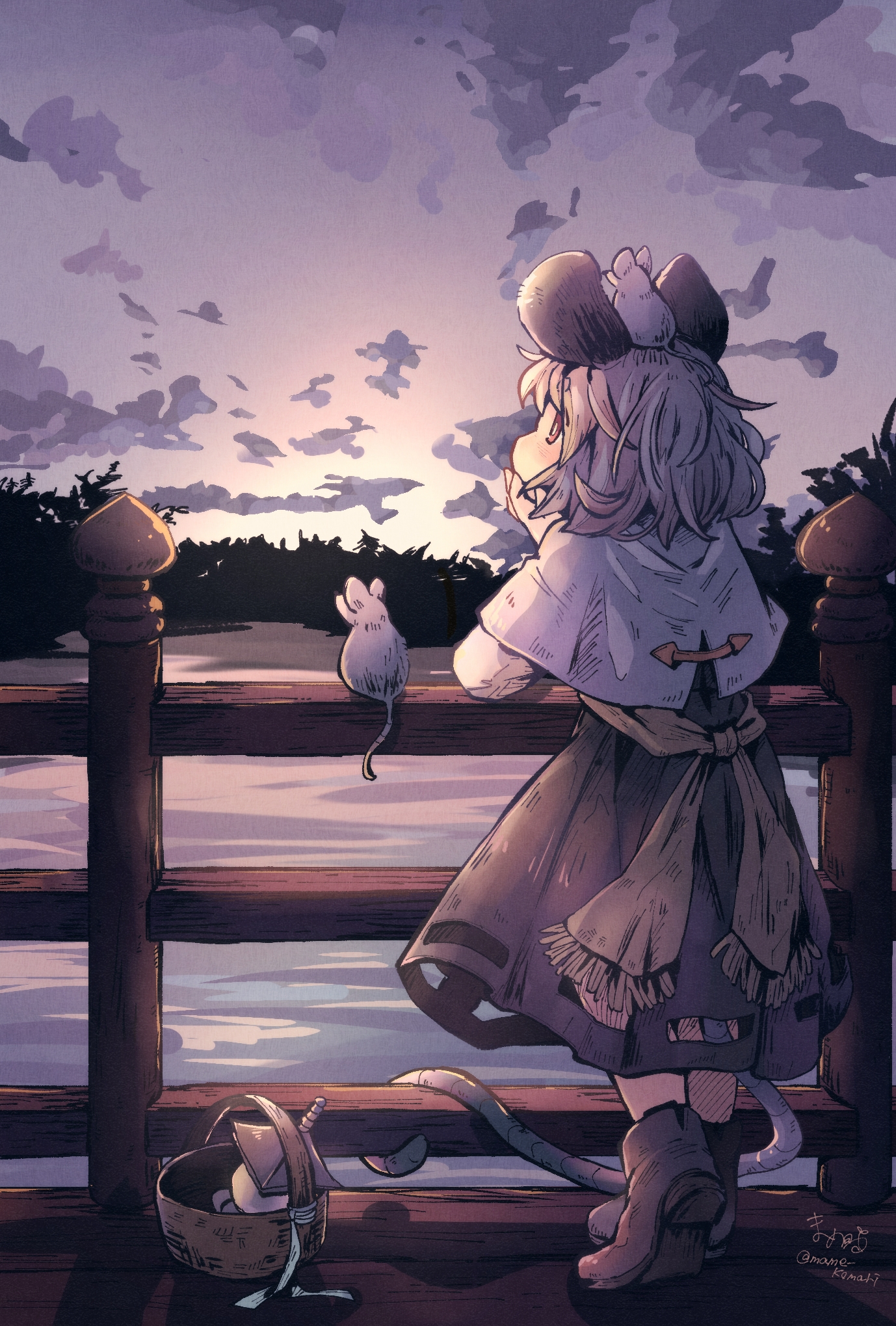mame komari, nazrin, touhou, commentary request, highres, 1girl, animal, animal ears, animal on head, black dress, black shoes, blush, capelet, cloud, dress, evening, fence, from behind, full body, grey capelet, grey hair, lake, mouse (animal), mouse ears, mouse girl, mouse tail, on head, outdoors, red eyes, shoes, short hair, signature, sky, solo, standing, tail, twitter username