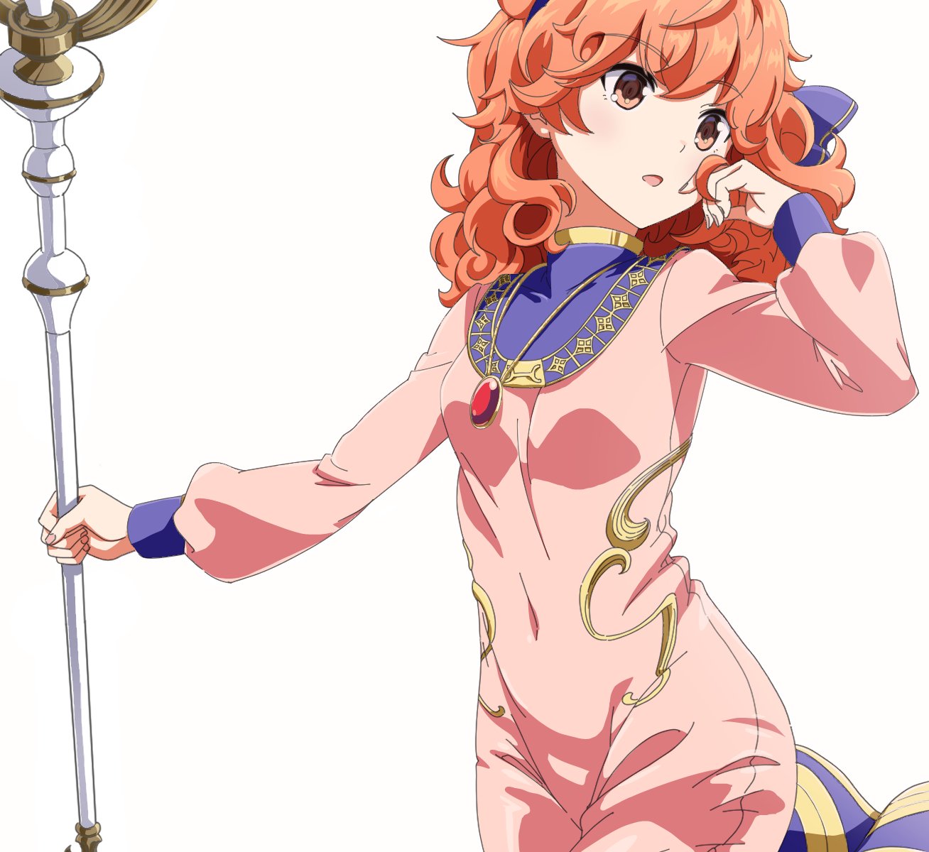 donguri (reji22), genny (fire emblem), fire emblem, fire emblem echoes: shadows of valentia, nintendo, fluffy hair, highres, 1girl, breasts, brown eyes, collar, covered navel, curly hair, dress, fingernails, hairband, holding, holding staff, jewelry, looking to the side, orange hair, pink dress, simple background, small breasts, solo, staff, upper body, white background