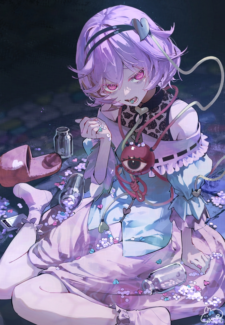 syuri22, komeiji satori, touhou, commentary, highres, 1girl, bare shoulders, black hairband, blue shirt, buttons, full body, glass bottle, hair ornament, hairband, heart, heart button, heart hair ornament, holding, holding pill, pill, pill in mouth, pink eyes, pink hair, pink skirt, pink slippers, shirt, short hair, signature, sitting, skirt, slippers, socks, solo, third eye, three-quarter sleeves, too many pills, wariza, white socks