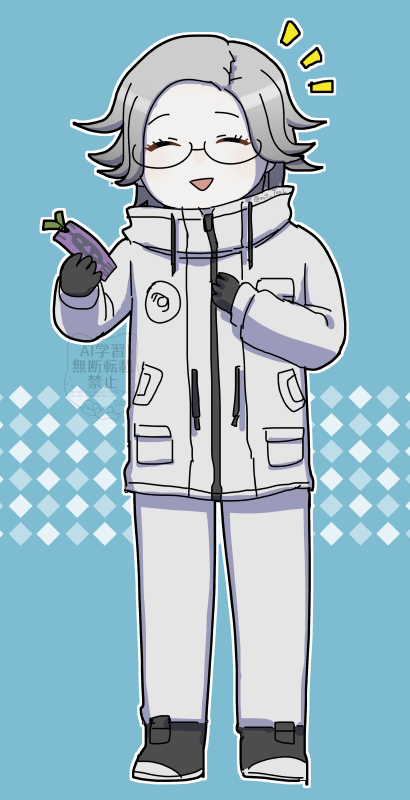 matsu shimatsuki, aotsuki eito, the hundred line -last defense academy-, commentary request, 1boy, ^ ^, black gloves, blue background, bookmark, breast pocket, closed eyes, facing viewer, full body, glasses, gloves, grey hair, holding bookmark, invisible floor, jacket, male focus, open mouth, outline, pocket, short hair, smile, solo, standing, triangle mouth, watermark, white jacket, white outline