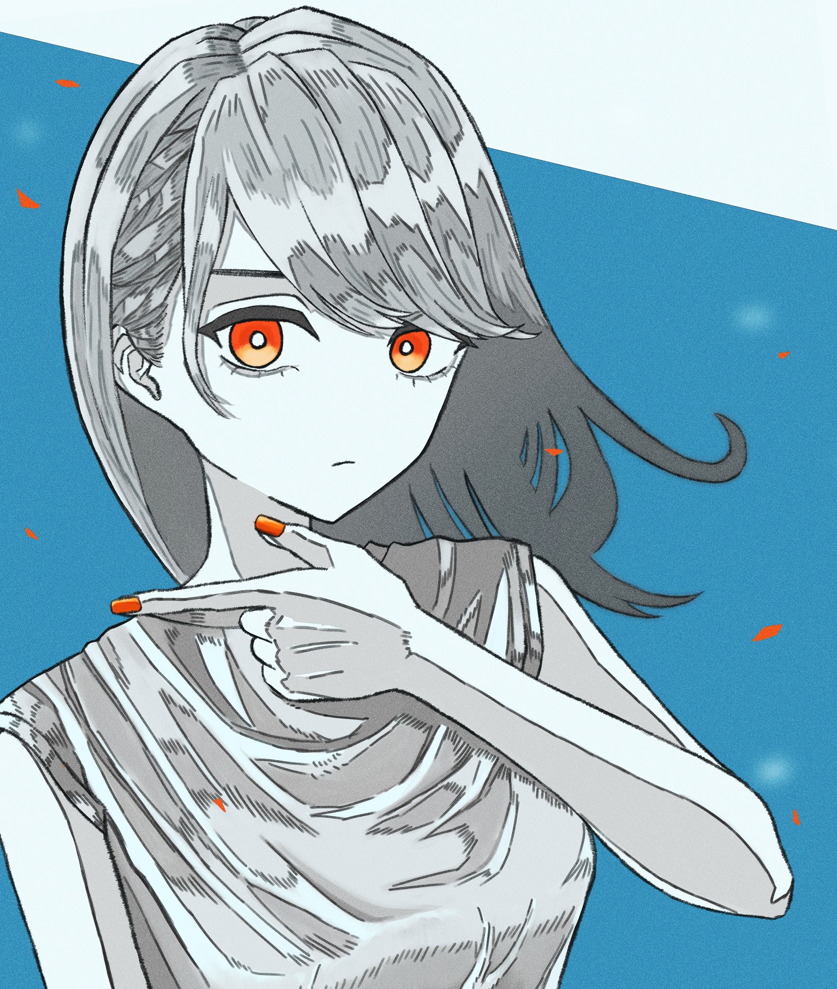 asada asahi, original, commentary request, highres, 1girl, annoyed, bare shoulders, blue background, breasts, bright pupils, closed mouth, eyelashes, falling petals, film grain, grey hair, grey shirt, hand up, index finger raised, long hair, looking at viewer, orange eyes, orange petals, petals, shirt, sleeveless, sleeveless shirt, small breasts, solo, spot color, two-tone background, upper body, white background, white pupils