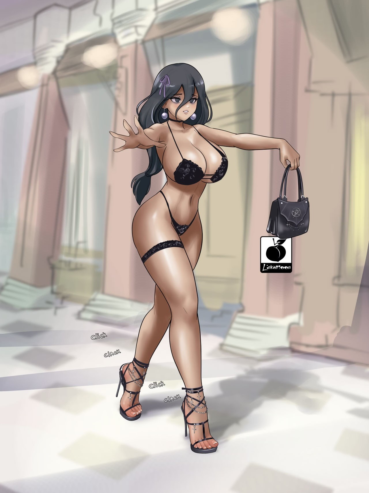 linkartoon, hex maniac (pokemon), hex maniac (pokemon legends: z-a), nintendo, pokemon, pokemon legends: z-a, highres, 1girl, alternate breast size (larger), anklet, artist logo, artist name, bag, black hair, black sandals, bra, breasts, earrings, feet, full body, grey eyes, hair between eyes, hair ribbon, handbag, high heel sandals, high heels, holding, huge breasts, jewelry, lace, lace-trimmed panties, lace trim, legs, lingerie, logo, long sleeves, low ponytail, open-toe shoes, outdoors, panties, parted lips, ponytail, purple ribbon, ribbon, sandals, shadow, sketch background, solo, sound effects, stiletto heels, strappy heels, thigh strap, toenails, toes, underwear