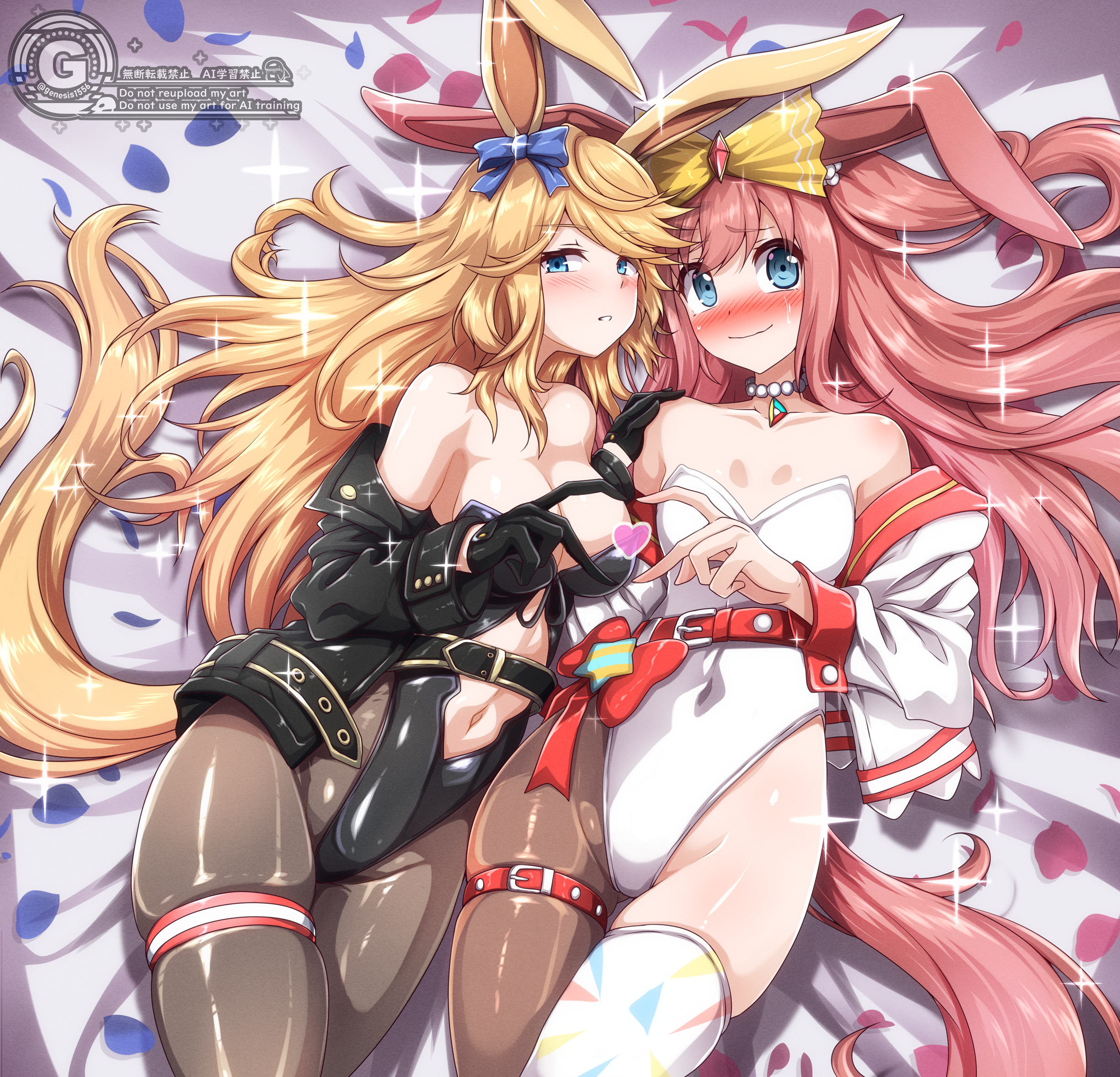 g (genesis1556), agnes digital (umamusume), gold city (umamusume), umamusume, highres, 2girls, animal ear hairband, animal ears, bare shoulders, black gloves, black jacket, black leotard, black pantyhose, blonde hair, blue bow, blue eyes, blush, bow, breasts, ear covers, fake animal ears, gloves, hair bow, hairband, heart, heart hands, heart hands duo, horse girl, horse tail, jacket, large breasts, leotard, long hair, looking at viewer, multiple girls, nervous smile, open clothes, open jacket, pantyhose, parted lips, pink hair, pink hairband, playboy bunny, rabbit ear hairband, rabbit ears, single leg pantyhose, single thighhigh, smile, strapless, strapless leotard, tail, thighhighs, white jacket, white leotard, white thighhighs, yellow bow, yellow hairband