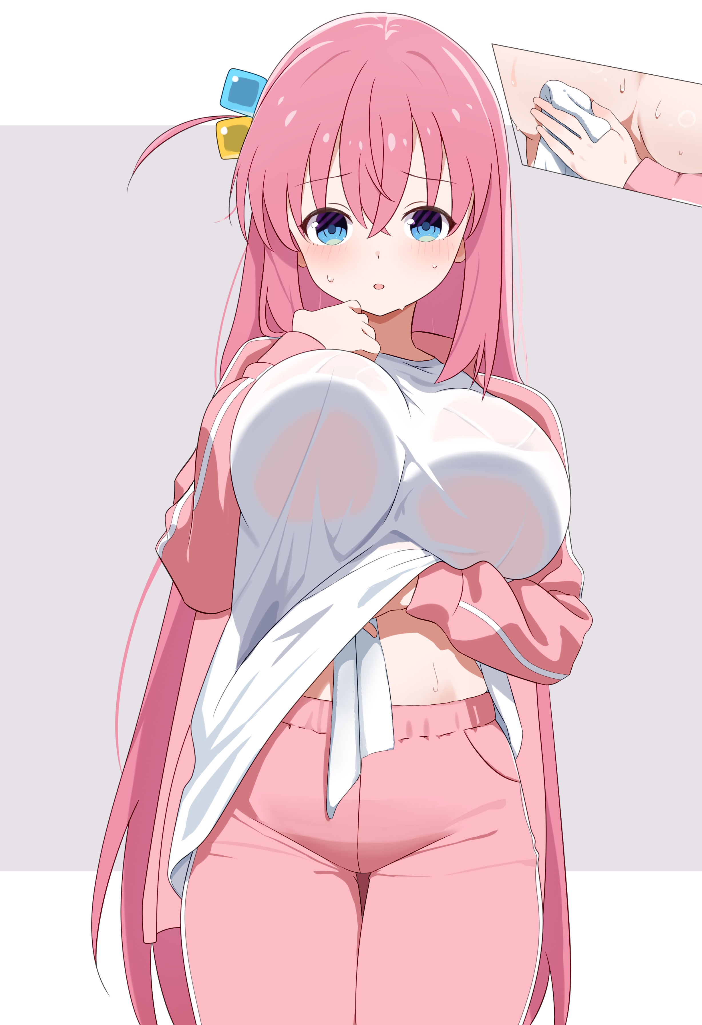 annrichan, gotoh hitori, bocchi the rock!, absurdres, highres, 1girl, blue eyes, breasts, cowboy shot, cube hair ornament, hair ornament, jacket, large breasts, no bra, one side up, pants, pink hair, shirt, solo, sweat, towel, track jacket, track pants, track suit, wet, wet clothes, white shirt, wiping sweat