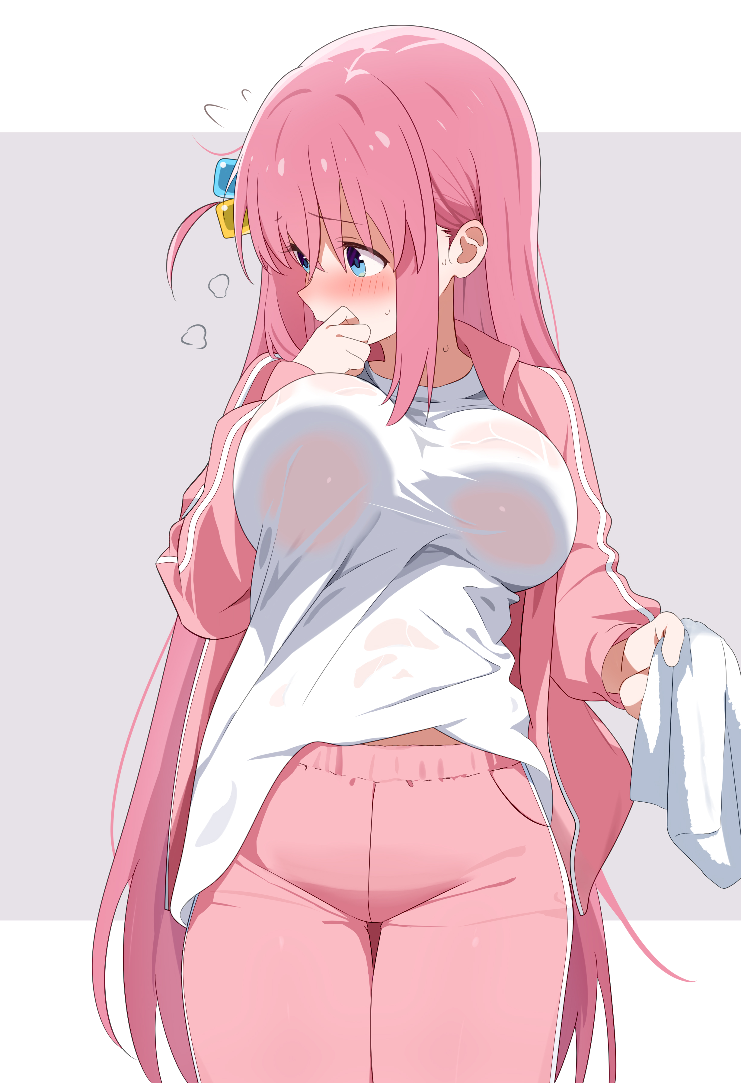 annrichan, gotoh hitori, bocchi the rock!, absurdres, highres, 1girl, blue eyes, blush, breasts, cowboy shot, cube hair ornament, embarrassed, hair ornament, jacket, large breasts, no bra, one side up, pants, pink hair, shirt, solo, sweat, towel, track jacket, track pants, track suit, wet, wet clothes, white shirt