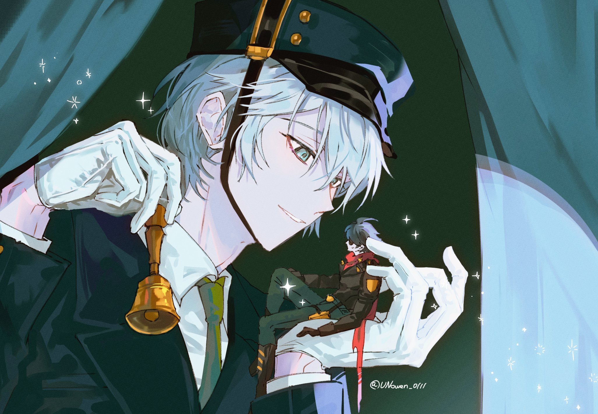 lighter (zenless zone zero), wise (zenless zone zero), zenless zone zero, highres, 2boys, alternate body size, bell, black boots, black gloves, black hair, black suit, blue eyes, boots, conductor, curtains, formal clothes, gloves, green necktie, green pants, grey hair, hand on own leg, hat, jacket, leather, leather jacket, looking at another, multiple boys, necktie, pants, red scarf, scarf, shirt, shoulder spikes, sitting on hand, size difference, smile, sparkle, spiked jacket, spikes, studded gloves, suit, sunglasses, sweatdrop, teeth, torn clothes, torn scarf, unowen 0111, white gloves, white shirt
