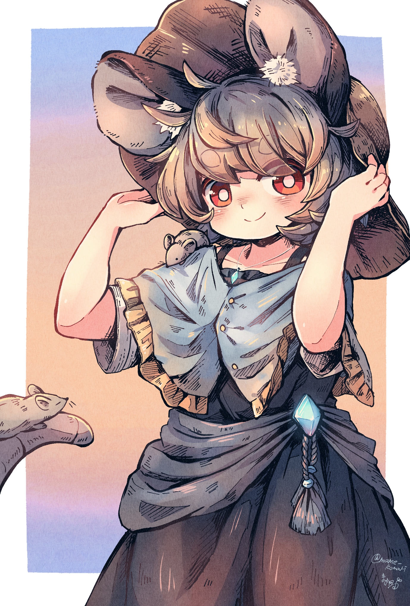 mame komari, nazrin, touhou, commentary request, highres, 1girl, animal ear fluff, animal ears, black dress, black hat, blue capelet, blush, border, bright pupils, capelet, closed mouth, cowboy shot, dress, grey hair, hand on headwear, hat, looking at viewer, mouse (animal), mouse ears, mouse girl, mouse tail, outside border, red eyes, short hair, short sleeves, smile, solo, tail, thick eyebrows, white border, white pupils
