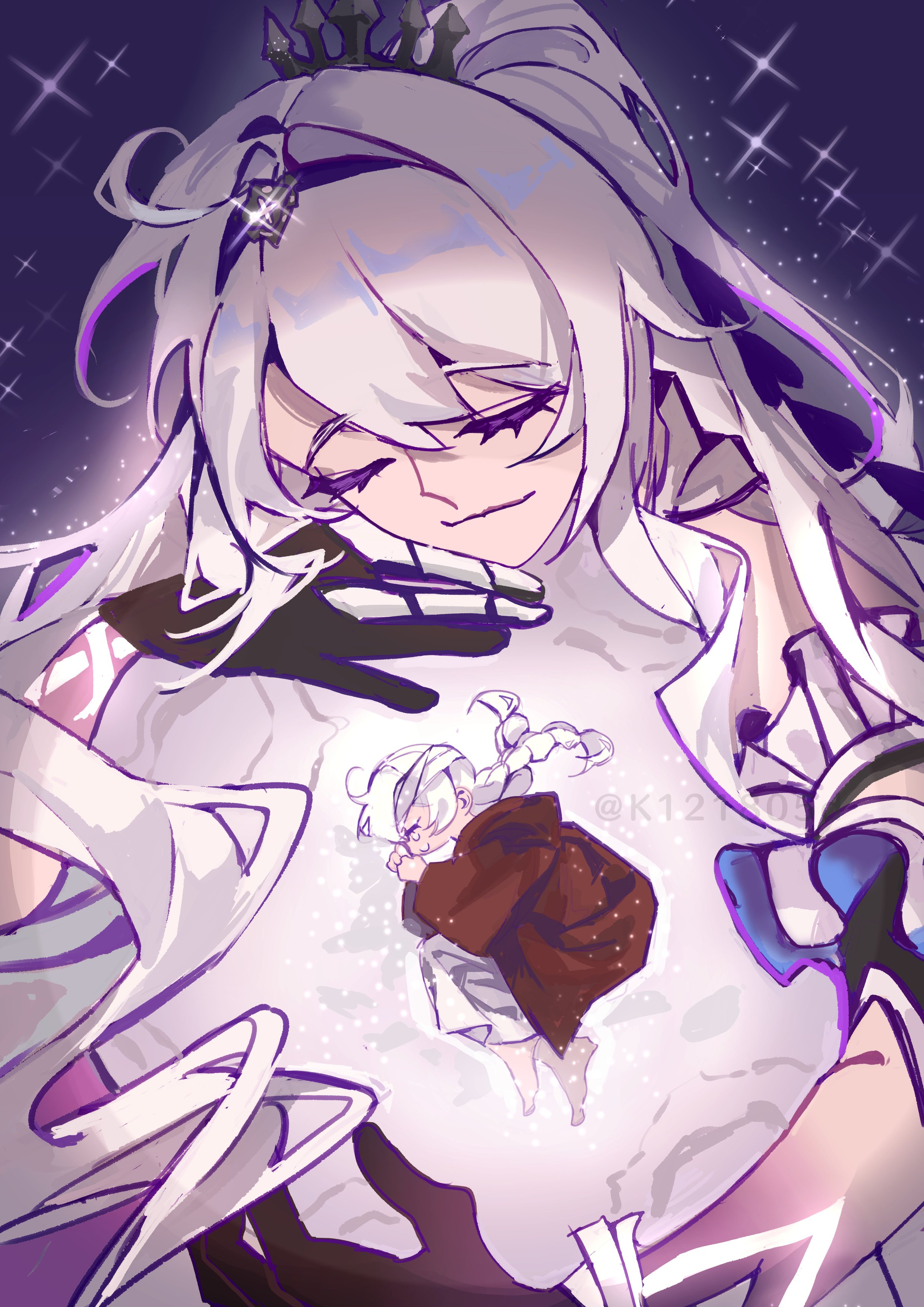 k121805d, kiana kaslana, kiana kaslana (herrscher of finality), honkai (series), honkai impact 3rd, absurdres, highres, 1girl, ahoge, bandages, black tiara, braid, closed eyes, hair between eyes, hair ornament, holding moon, long hair, lying, purple hands, sparkle, star (sky), tears, tiara, twin braids, very long hair, white hair