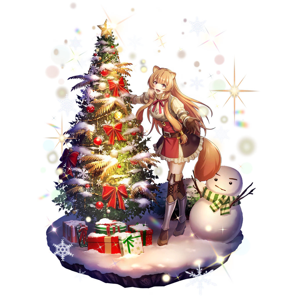 medium rare, raphtalia, tate no yuusha no nariagari, tate no yuusha no nariagari rerise, artist request, game cg, official art, 1girl, :d, animal ears, armor, armored boots, black dress, blunt bangs, boots, breastplate, brown boots, brown gloves, brown hair, bush, christmas, christmas ornaments, christmas present, christmas tree, collared dress, dress, elbow gloves, full body, gift, glint, gloves, grey boots, high collar, leaning forward, light particles, long hair, long sleeves, multicolored boots, neck ribbon, on ground, open mouth, outdoors, outstretched arms, pauldrons, pink eyes, pinstripe dress, pinstripe pattern, raccoon ears, raccoon girl, raccoon tail, red dress, red ribbon, ribbon, short dress, shoulder armor, single pauldron, sleeveless, sleeveless dress, smile, snow, snowflakes, snowing, snowman, solo, sparkle, spread arms, standing, straight hair, tail, thighhighs, tongue, two-tone boots, two-tone dress, white dress, zettai ryouiki