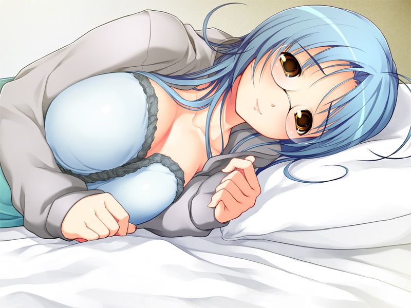 tsuji santa, garnet (sumaga), nitroplus, sumaga, game cg, 1girl, bed, blue hair, breasts, classroom, cleavage, collarbone, female focus, glasses, large breasts, lying, on bed, on side, school, solo, teacher
