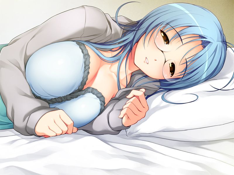 tsuji santa, garnet (sumaga), nitroplus, sumaga, game cg, 1girl, bed, blue hair, breasts, cleavage, collarbone, female focus, glasses, large breasts, lying, on bed, on side, school, sleepy, solo, teacher