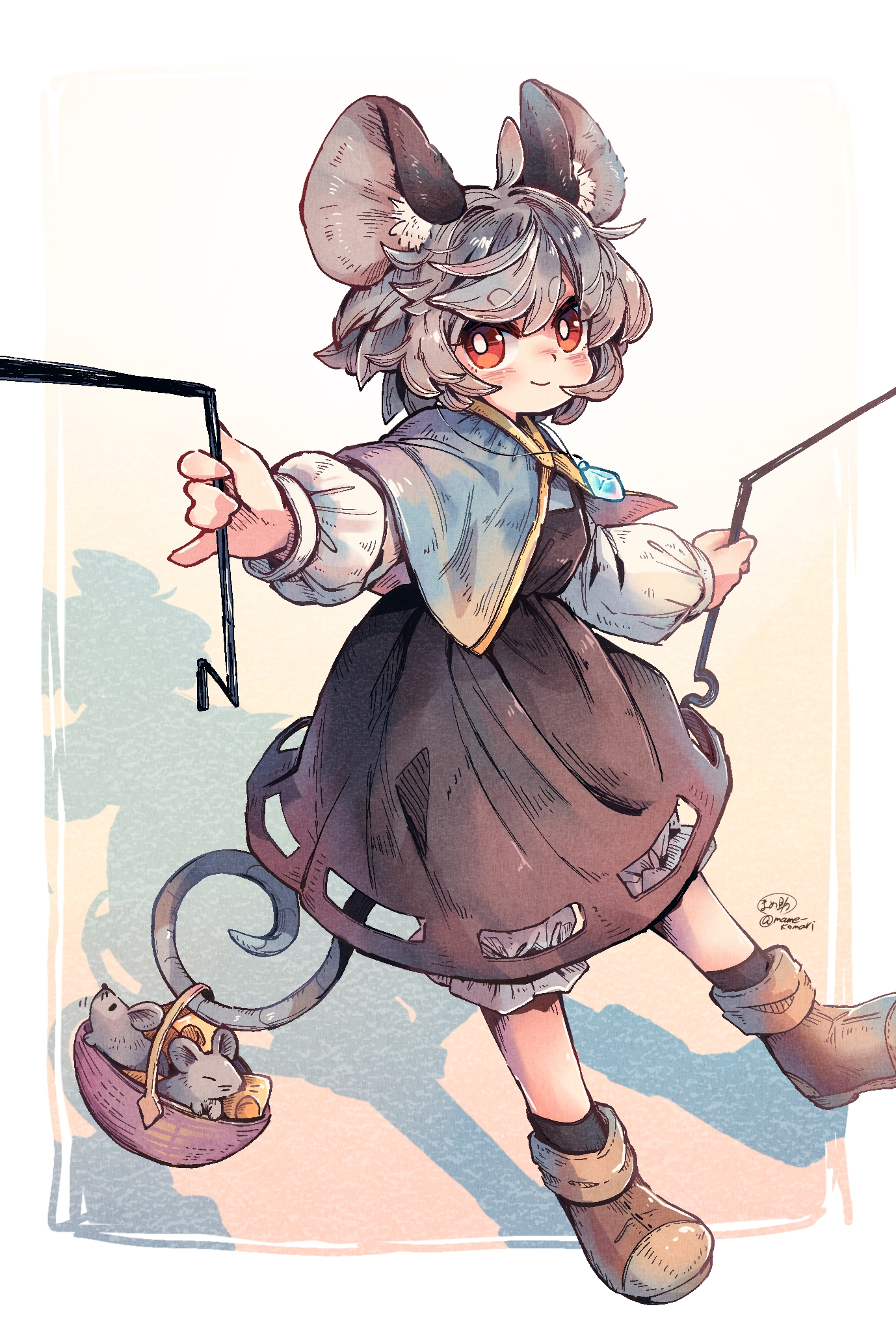 mame komari, nazrin, touhou, commentary, highres, 1girl, animal ear fluff, animal ears, basket, black dress, black socks, bloomers, blue capelet, blush, bright pupils, brown shoes, capelet, closed mouth, dowsing rod, dress, full body, grey hair, holding, jewelry, long sleeves, looking at viewer, mouse (animal), mouse ears, mouse girl, mouse tail, necklace, prehensile tail, red eyes, shoes, short hair, smile, socks, solo, standing, tail, thick eyebrows, underwear, white bloomers, white pupils