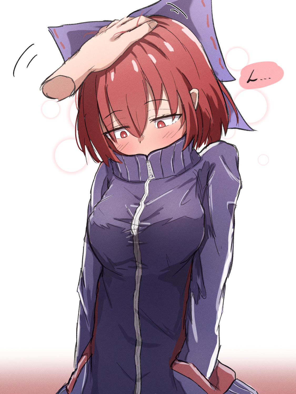 isgod, sekibanki, touhou, commentary request, highres, 1boy, 1girl, alternate costume, blush, bow, breasts, covered mouth, disembodied hand, hair bow, hands in pockets, headpat, hetero, jacket, large breasts, long sleeves, looking down, purple bow, purple jacket, red eyes, short hair, track jacket
