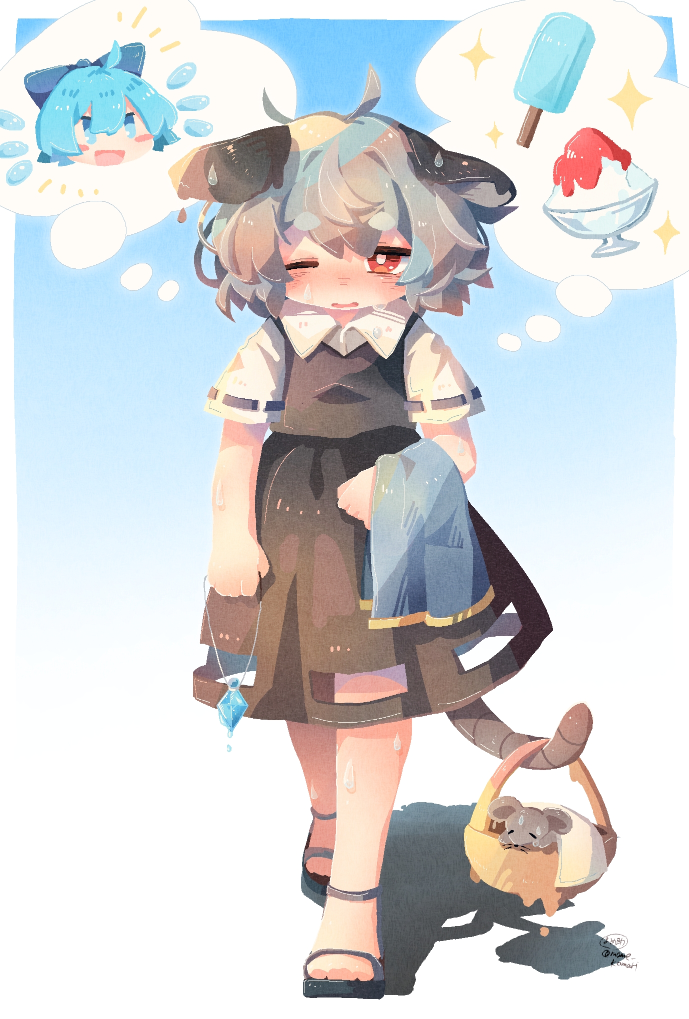 mame komari, cirno, nazrin, touhou, commentary request, highres, 2girls, :d, ahoge, animal ears, basket, black dress, black sandals, blue bow, blue eyes, blue hair, blush, blush stickers, bow, bright pupils, chibi, chibi inset, collared shirt, dress, food, full body, grey hair, hair bow, holding, holding jewelry, holding necklace, hot, jewelry, mouse (animal), mouse ears, mouse girl, mouse tail, multiple girls, necklace, no lineart, one eye closed, open mouth, pinafore dress, popsicle, prehensile tail, red eyes, ribbon-trimmed sleeves, ribbon trim, sandals, shaved ice, shirt, short hair, short sleeves, sleeveless, sleeveless dress, smile, sparkle, standing, sweat, tail, white pupils, white shirt