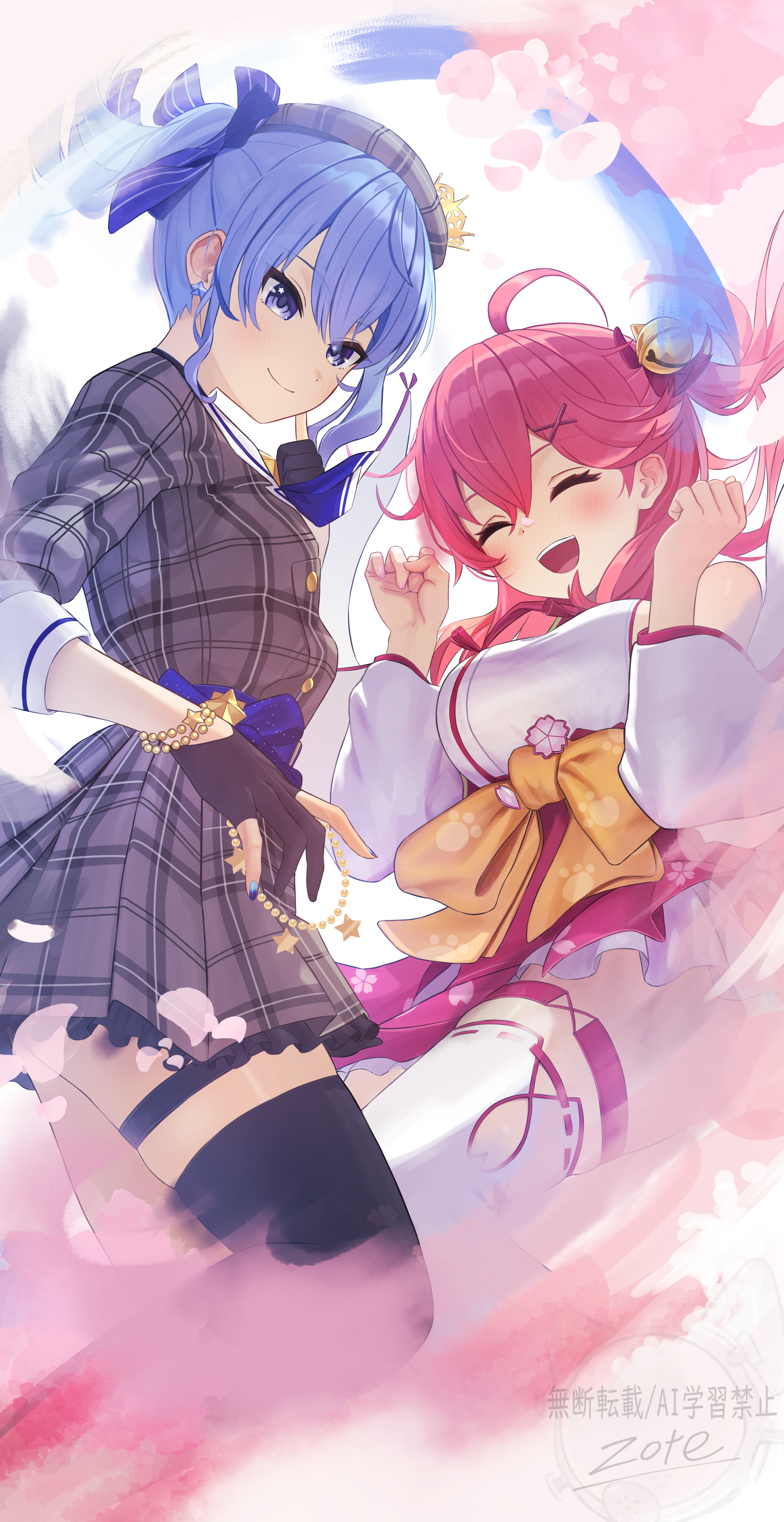 zote illust, hoshimachi suisei, hoshimachi suisei (1st costume), sakura miko, sakura miko (1st costume), hololive, absurdres, commentary request, highres, 2girls, ahoge, ascot, bead bracelet, beads, bell, black gloves, black thighhighs, blue ascot, blue choker, blue eyes, blue hair, blue ribbon, bracelet, breasts, buttons, choker, closed eyes, collared shirt, crown, detached sleeves, double-breasted, double-parted bangs, earrings, frilled skirt, frills, gloves, grey hat, grey jacket, grey skirt, hair bell, hair between eyes, hair ornament, hair ribbon, hairclip, hakama, hakama short skirt, hakama skirt, hands up, hat, jacket, japanese clothes, jewelry, jingle bell, kimono, kneehighs, large breasts, long hair, medium hair, mini crown, miniskirt, multiple girls, nontraditional miko, one side up, open mouth, partially fingerless gloves, pink hair, pink skirt, plaid clothes, plaid hat, plaid jacket, plaid skirt, pleated skirt, ribbon, shirt, side ponytail, sidelocks, single kneehigh, single sock, single thighhigh, skirt, skirt set, sleeve cuffs, sleeveless, sleeveless kimono, smile, socks, star (symbol), star choker, star earrings, star in eye, symbol in eye, tabi, teeth, thigh strap, thighhighs, three-quarter sleeves, upper teeth only, virtual youtuber, white kimono, white shirt, white sleeves, white thighhighs, wide sleeves, x hair ornament