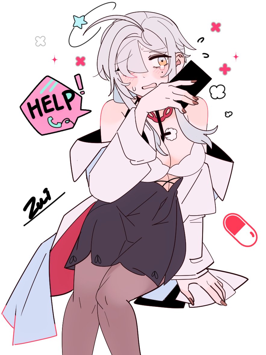 zui (zuihitu), eleven (path to nowhere), path to nowhere, commentary request, !, 1girl, ahoge, asymmetrical bangs, bare shoulders, black dress, black pantyhose, blush, breasts, cellphone, cleavage, clothing cutout, dress, english text, feet out of frame, flying sweatdrops, hair over one eye, holding, holding phone, invisible chair, jacket, knees together feet apart, large breasts, lineart, off shoulder, one eye covered, open clothes, open jacket, open mouth, pantyhose, phone, pill, shoulder blush, signature, simple background, sitting, smartphone, solo, speech bubble, stomach cutout, tearing up, two-tone dress, wavy mouth, white background, white dress, white jacket, yellow eyes