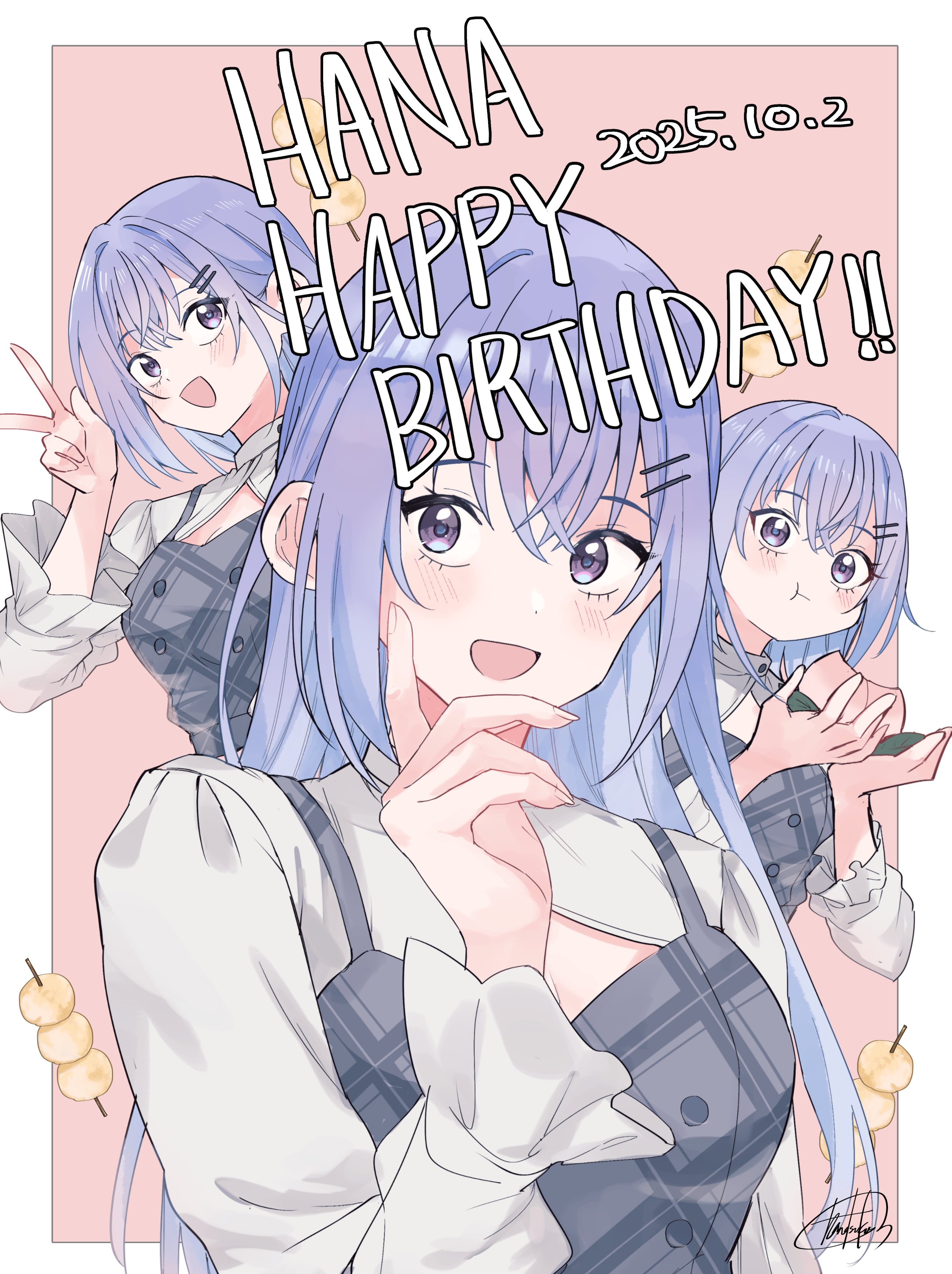hanetsuka, suzuki hana, idolmaster, idolmaster shiny colors, absurdres, commentary request, highres, 1girl, :t, blue hair, blush, border, breasts, buttons, character name, cleavage, dango, dated, double-breasted, dress, fingernails, food, grey dress, happy birthday, long hair, looking at viewer, medium breasts, multiple views, official alternate costume, outside border, pinafore dress, purple eyes, shirt, signature, sleeveless, sleeveless dress, smile, straight hair, v, very long hair, wagashi, white border, white shirt