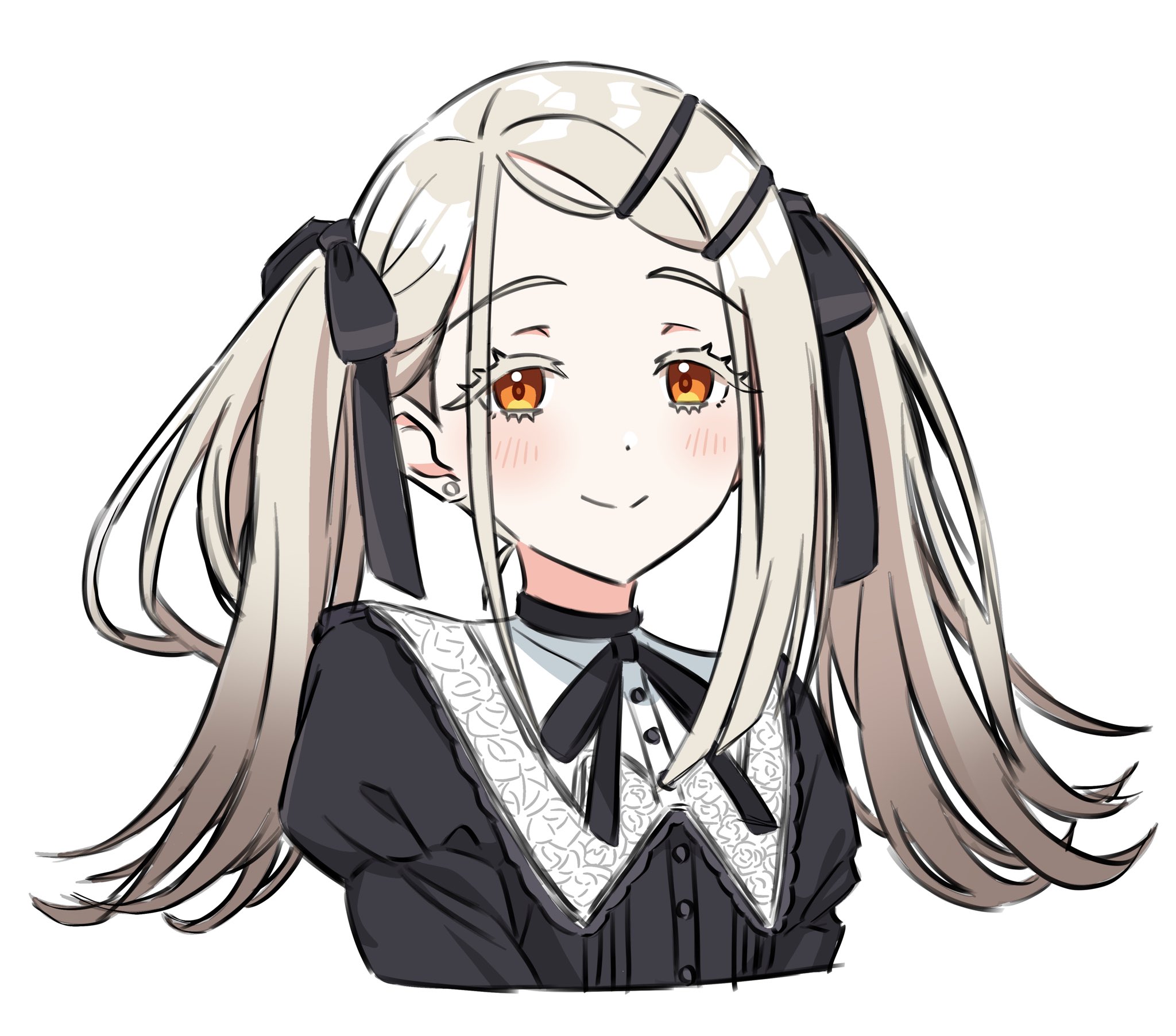 kousuke0912, shinosawa hiro, gakuen idolmaster, idolmaster, commentary request, highres, 1girl, black choker, black ribbon, black shirt, blonde hair, blush, choker, colored eyelashes, cropped torso, earrings, flipped hair, gothic lolita, gradient hair, grey hair, hair ornament, hair ribbon, hairclip, jewelry, juliet sleeves, lolita fashion, long hair, long sleeves, looking at viewer, multicolored hair, neck ribbon, orange eyes, parallel hairclips, parted bangs, puffy sleeves, puritan collar, ribbon, shirt, simple background, smile, solo, stud earrings, twintails, upper body, white background