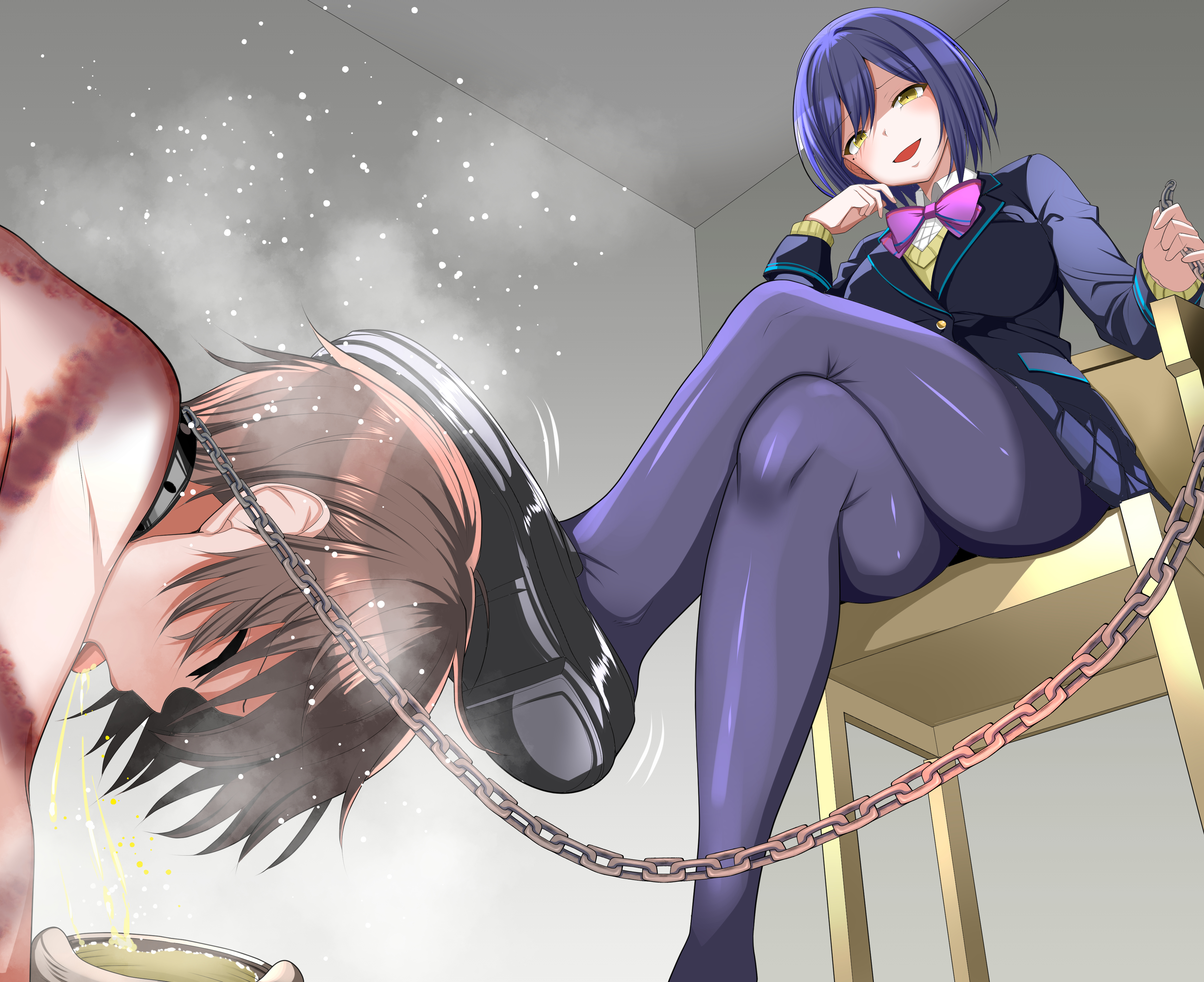 doriane dojin, shizuka rin, nijisanji, absurdres, highres, 1boy, 1girl, blazer, blue hair, blue jacket, blue pantyhose, blue skirt, bow, bowtie, brown hair, chain, chain leash, chair, collar, femdom, holding, holding leash, jacket, leash, metal collar, miniskirt, on chair, pantyhose, pink bow, pink bowtie, rope marks, shaded face, sitting, skirt, smile, stepped on, yellow eyes