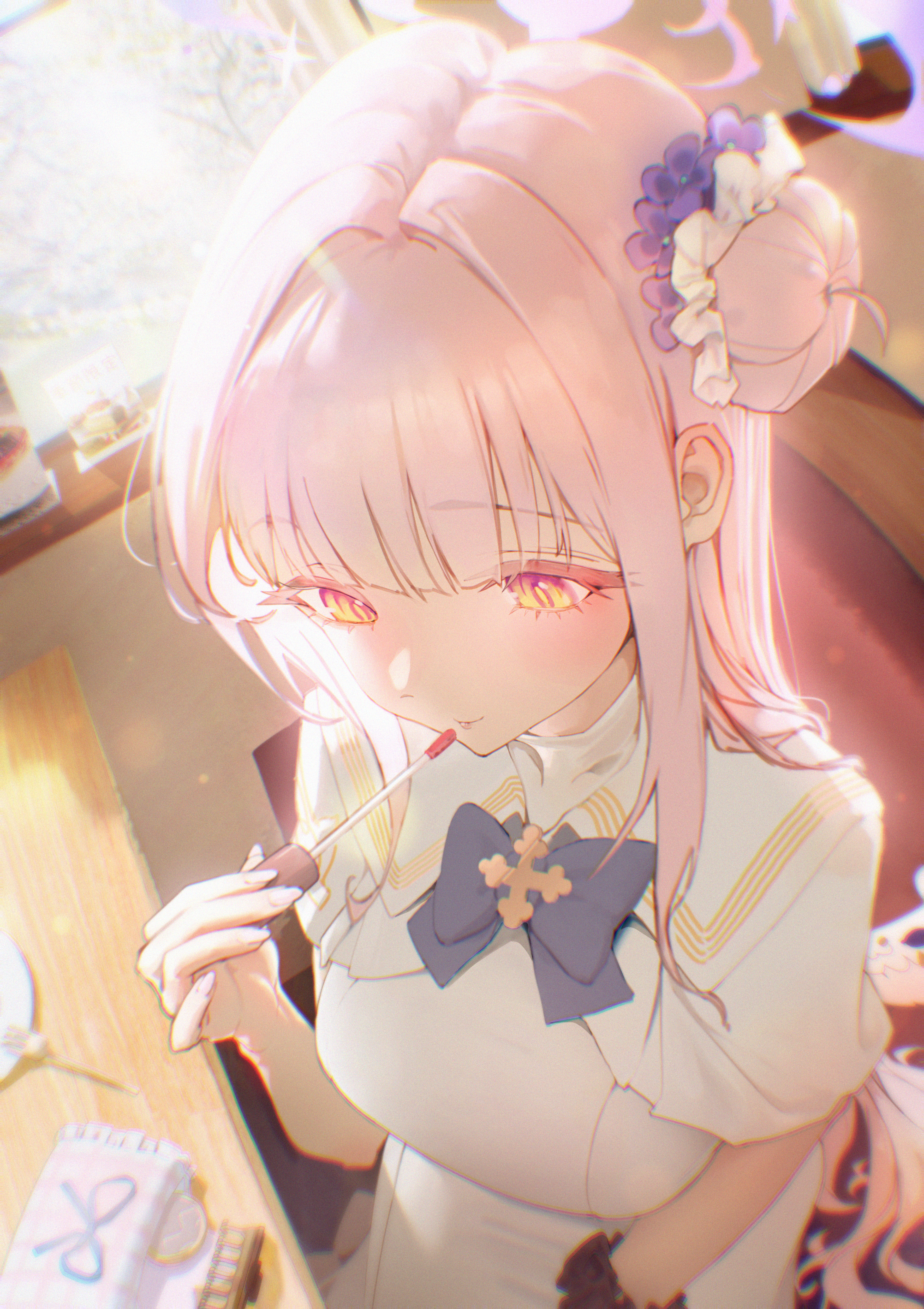 phoebe (user vvpf4584), mika (blue archive), blue archive, absurdres, highres, 1girl, blue bow, bow, breasts, capelet, closed mouth, dress, flower, fork, gold trim, hair bun, hair flower, hair ornament, halo, holding, indoors, long hair, medium breasts, pink hair, pink halo, scrunchie, single hair bun, single side bun, smile, solo, very long hair, white capelet, white dress, wrist scrunchie, yellow eyes