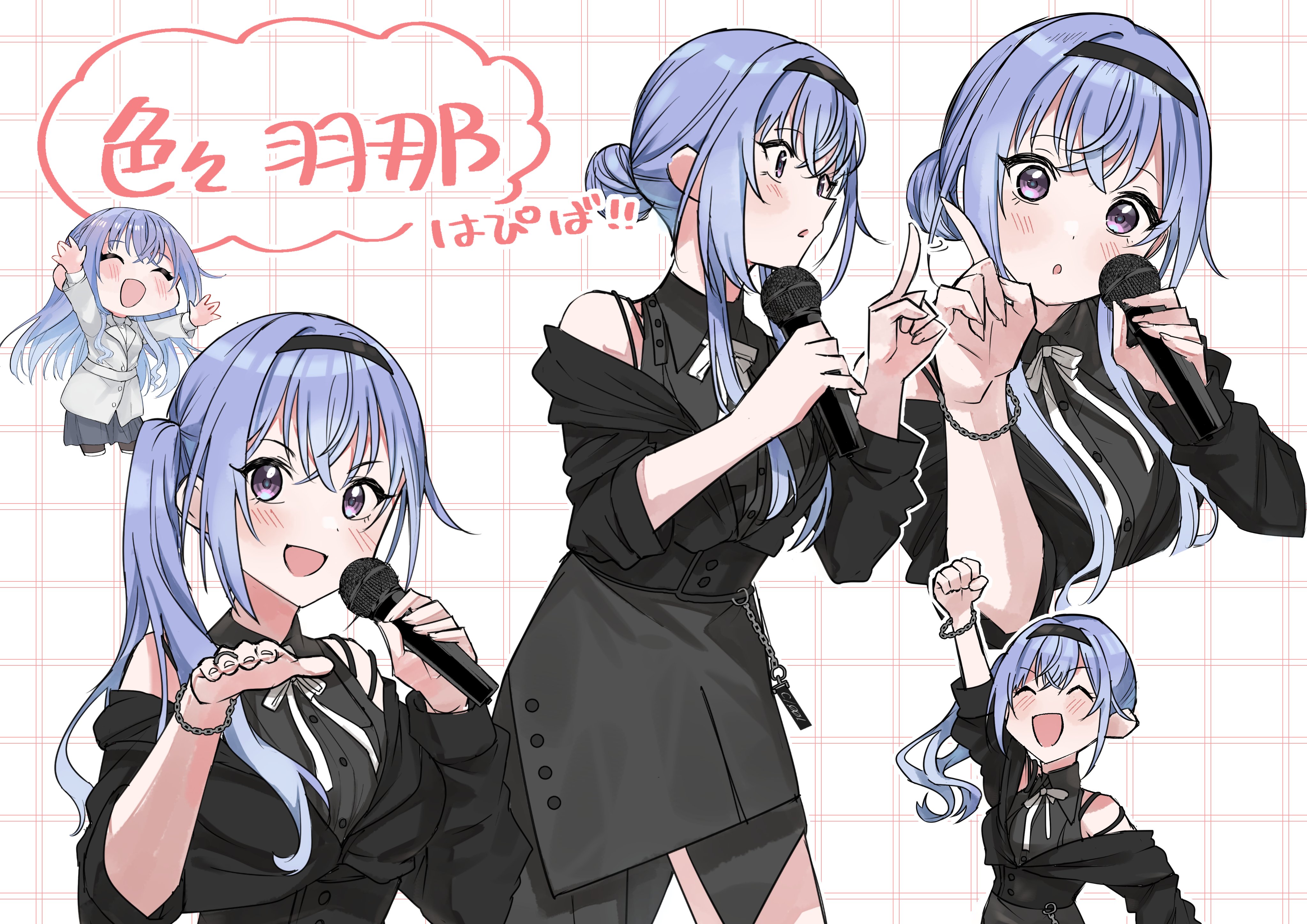 hanetsuka, suzuki hana, idolmaster, idolmaster shiny colors, absurdres, commentary request, highres, translation request, 1girl, ^ ^, arm up, bare shoulders, black dress, black hairband, black jacket, blue hair, blush, breasts, clenched hand, closed eyes, cometik note (idolmaster), dress, grid background, hair bun, hairband, holding, holding microphone, idol clothes, index finger raised, jacket, jacket partially removed, looking at viewer, medium breasts, microphone, multiple views, neck ribbon, official alternate costume, purple eyes, ribbon, side ponytail, single side bun, smile, white ribbon