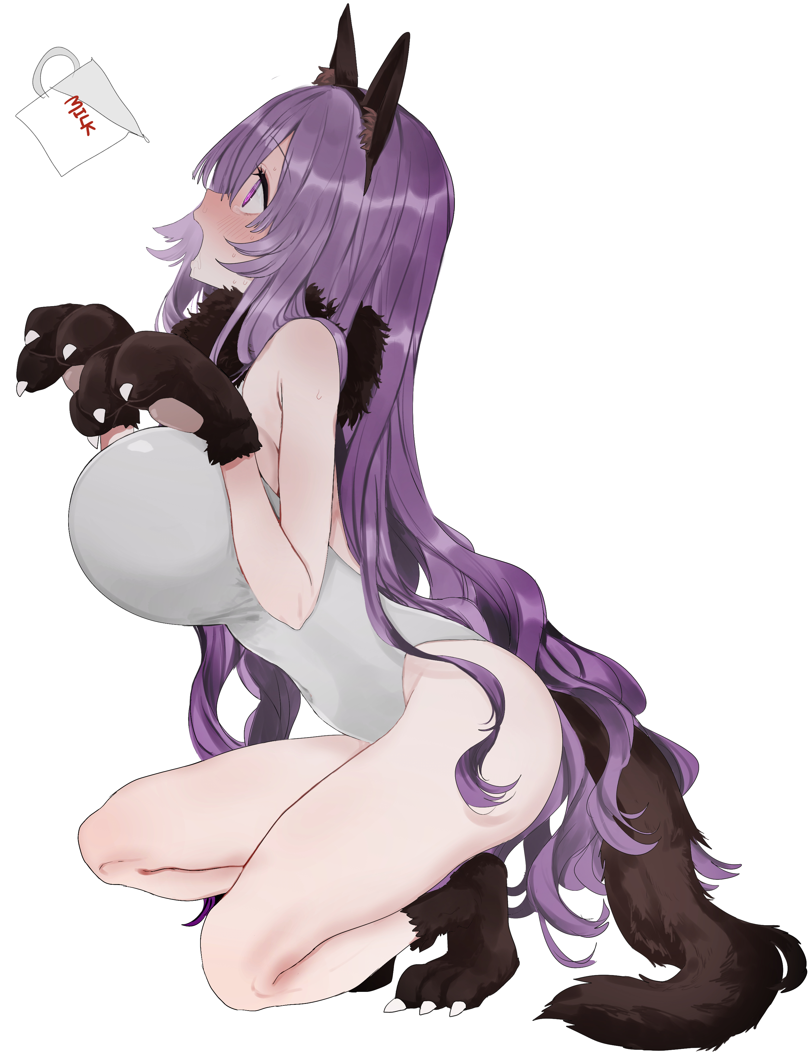eurasia (wtp09ptw14), francoise (eurasia), original, absurdres, commentary request, highres, 1girl, animal ear hairband, animal ears, animal hands, armpit crease, blush, breasts, brown collar, brown gloves, collar, dog ear hairband, dog ears, dog tail, fake animal ears, fake tail, from side, full body, fur collar, gloves, grey leotard, hairband, huge breasts, leotard, long hair, looking at object, looking up, milk, on one knee, open mouth, parted bangs, paw gloves, paw pose, profile, purple eyes, purple hair, simple background, solo, sweat, tail, tearing up, very long hair, white background
