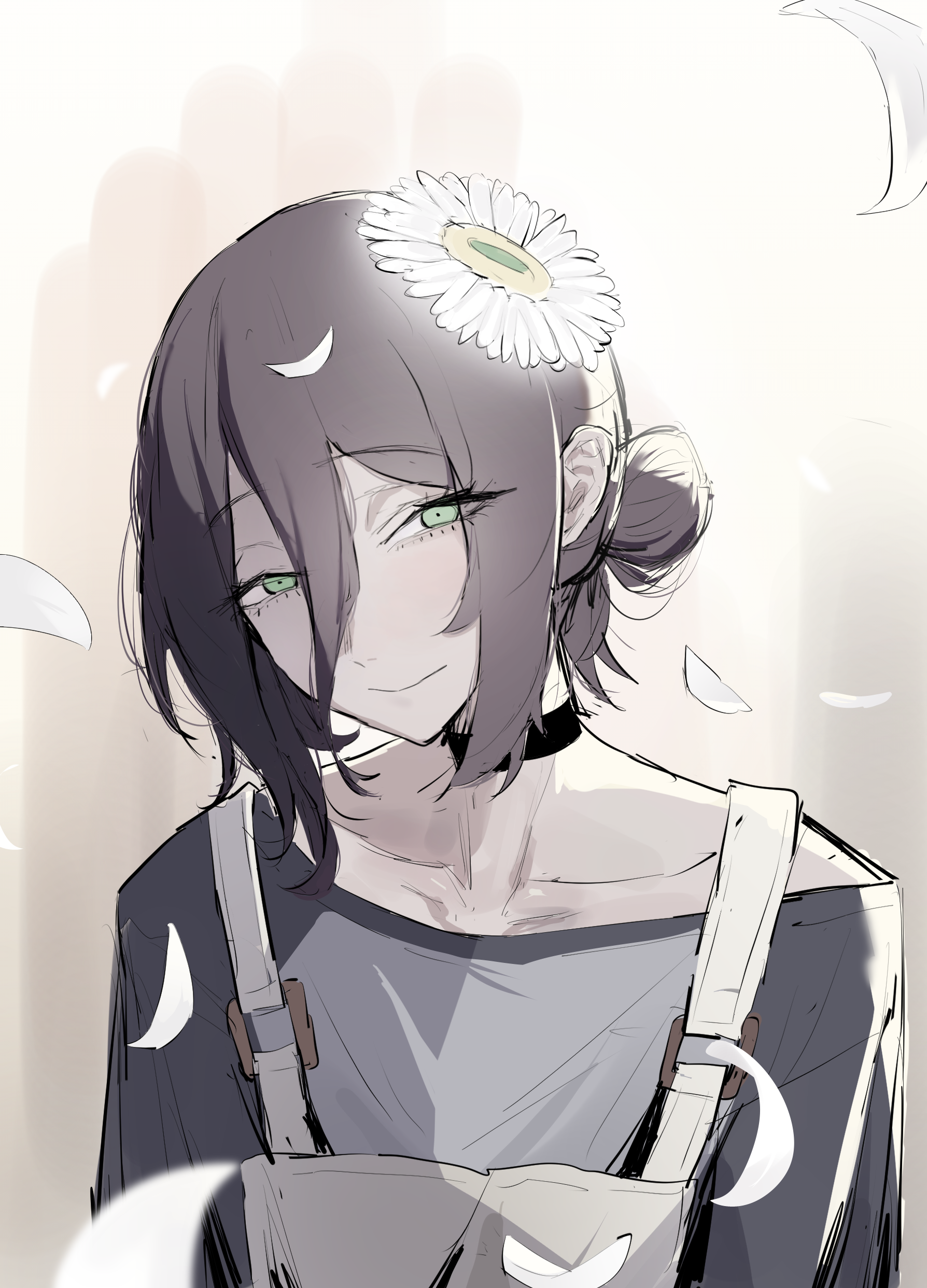 seoyong, reze (chainsaw man), chainsaw man, absurdres, highres, 1girl, black choker, black hair, blush, choker, collarbone, double-parted bangs, falling petals, flower, hair between eyes, hair bun, hair flower, hair ornament, long hair between eyes, looking at viewer, petals, raglan sleeves, shirt, single side bun, smile, solo, upper body