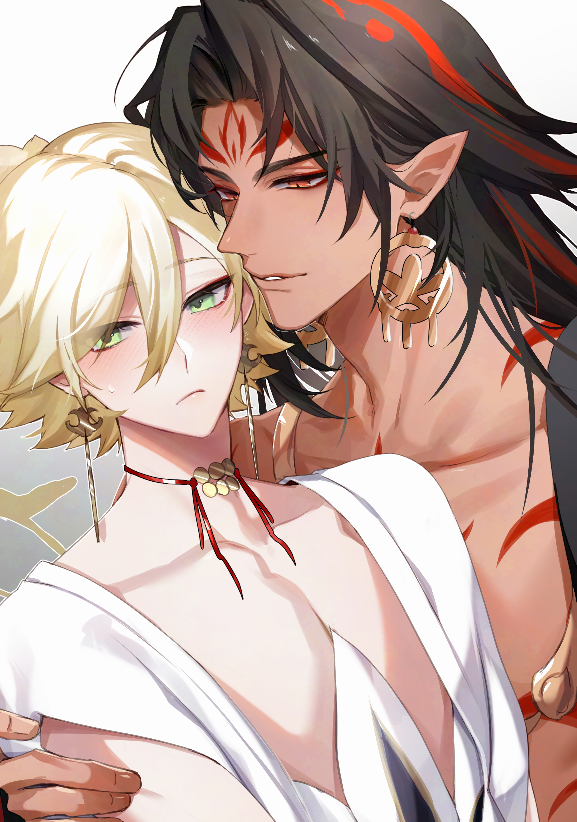 konsai 2, asura (onmyoji), taishakuten (onmyoji), onmyoji, absurdres, commentary request, highres, 2boys, black hair, blonde hair, blush, chest tattoo, closed mouth, collarbone, dark skin, earrings, eyeliner, forehead tattoo, gradient hair, green eyes, grey background, jewelry, long hair, makeup, male focus, multicolored hair, multiple boys, outline, pointy ears, red eyeliner, red hair, red tattoo, short hair, shoulder tattoo, streaked hair, tattoo, two-tone hair, upper body, white background, yaoi