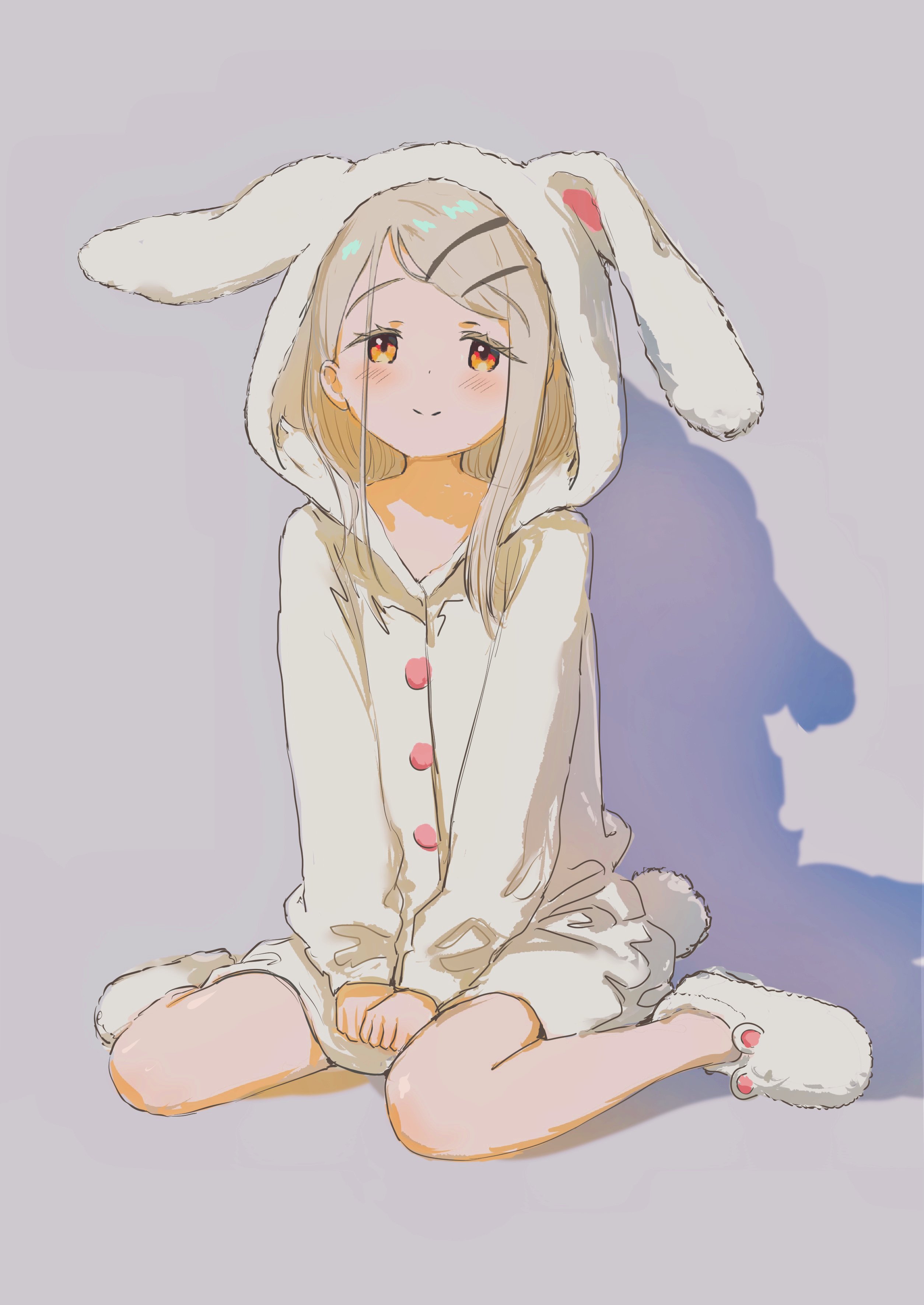 arisu syndrome, shinosawa hiro, gakuen idolmaster, idolmaster, absurdres, highres, 1girl, animal costume, animal ear hood, animal ears, animal hood, blonde hair, blush, colored eyelashes, fake animal ears, grey background, hair ornament, hairclip, hood, hood up, hoodie, long hair, orange eyes, parallel hairclips, rabbit costume, rabbit ears, rabbit hood, rabbit tail, shadow, shoes, simple background, sitting, smile, solo, tail, v arms, wariza, white hoodie, white shoes