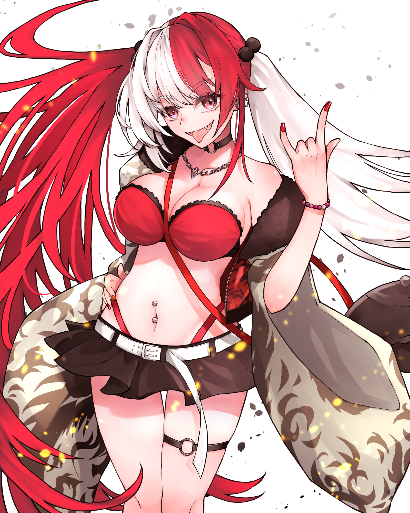 hazuki-a, matsunaga hisahide (fate), fate/grand order, fate (series), highres, 1girl, bare shoulders, blush, bra, breasts, cleavage, large breasts, long hair, long sleeves, looking at viewer, multicolored hair, navel, open mouth, red bra, red eyes, red hair, smile, solo, split-color hair, underwear