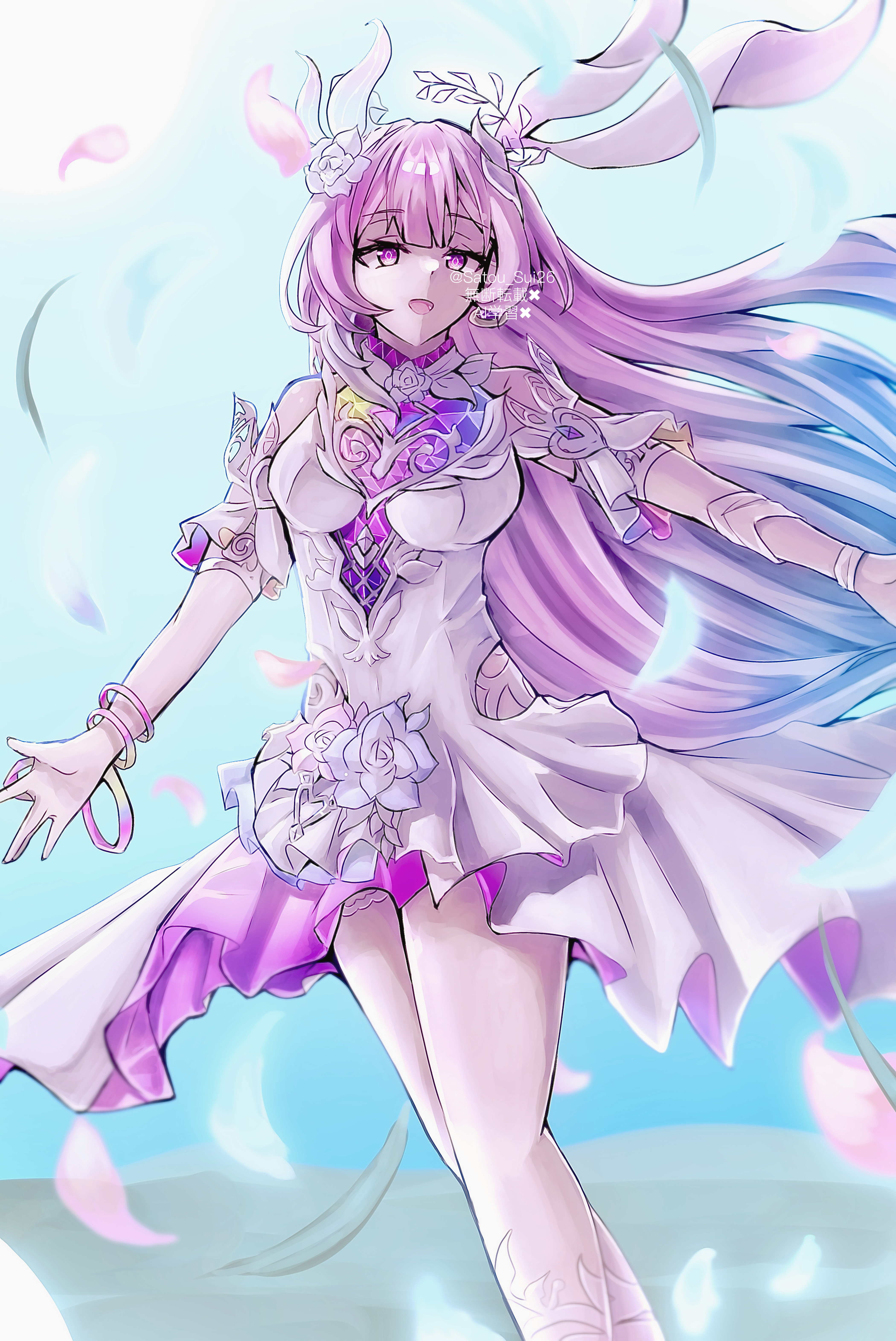 cyrene (honkai: star rail), cyrene (ripples of past reverie) (honkai: star rail), honkai: star rail, honkai (series), absurdres, commentary request, highres, 1girl, aqua hair, bare shoulders, blue sky, bracelet, breasts, diamond-shaped pupils, diamond (shape), dress, falling feathers, feathers, flower, gradient hair, hair flower, hair ornament, halo, jewelry, large breasts, long hair, multicolored hair, pink hair, purple eyes, satou sui26, sky, solo, symbol-shaped pupils, twitter username, very long hair, white dress, white hair