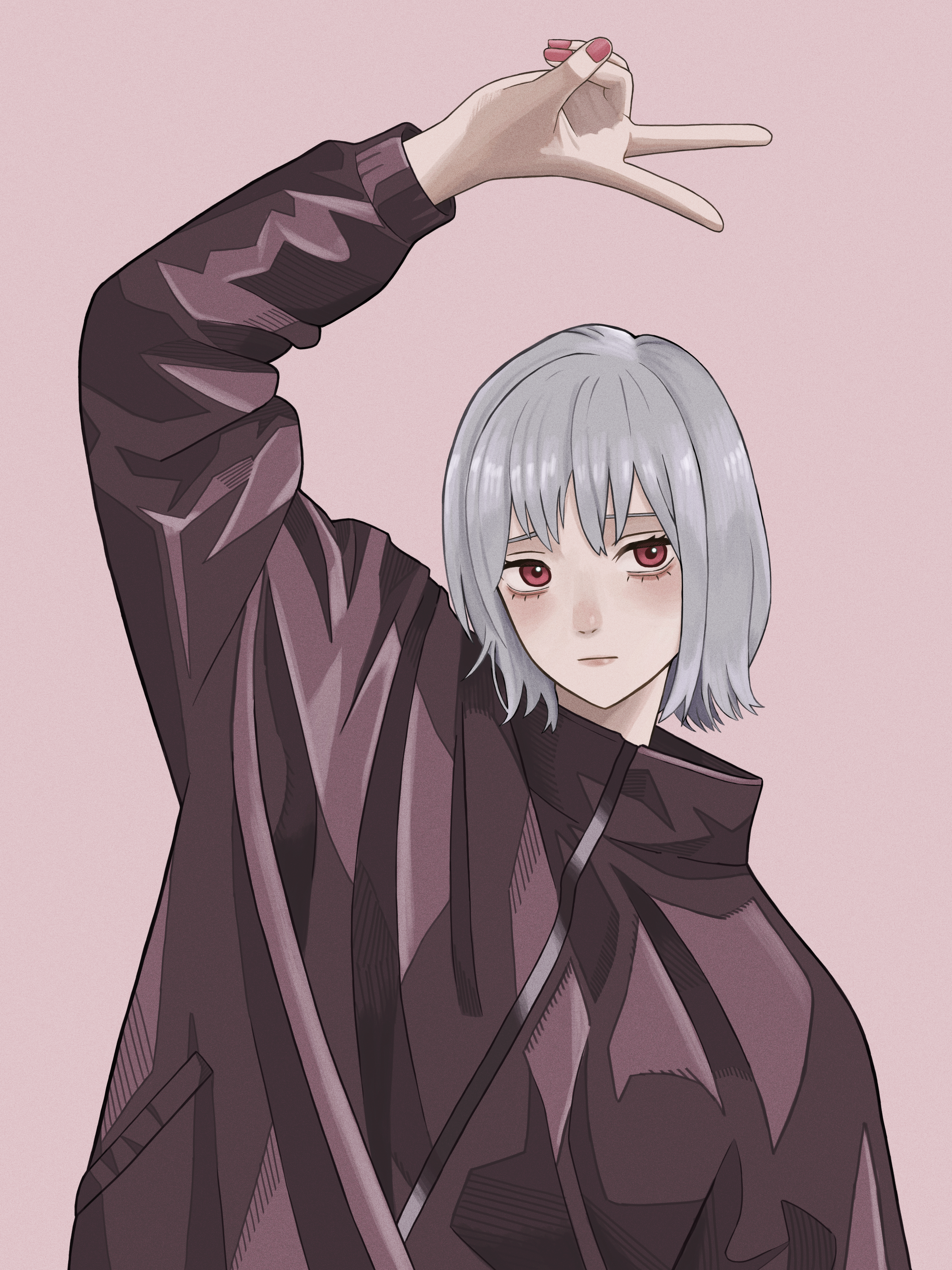 asada asahi, original, absurdres, commentary, highres, 1girl, arm up, blush, brown jacket, closed mouth, eyelashes, flat chest, grey hair, jacket, long sleeves, looking at viewer, medium hair, nose, pink background, pink nails, red eyes, simple background, solo, upper body, v
