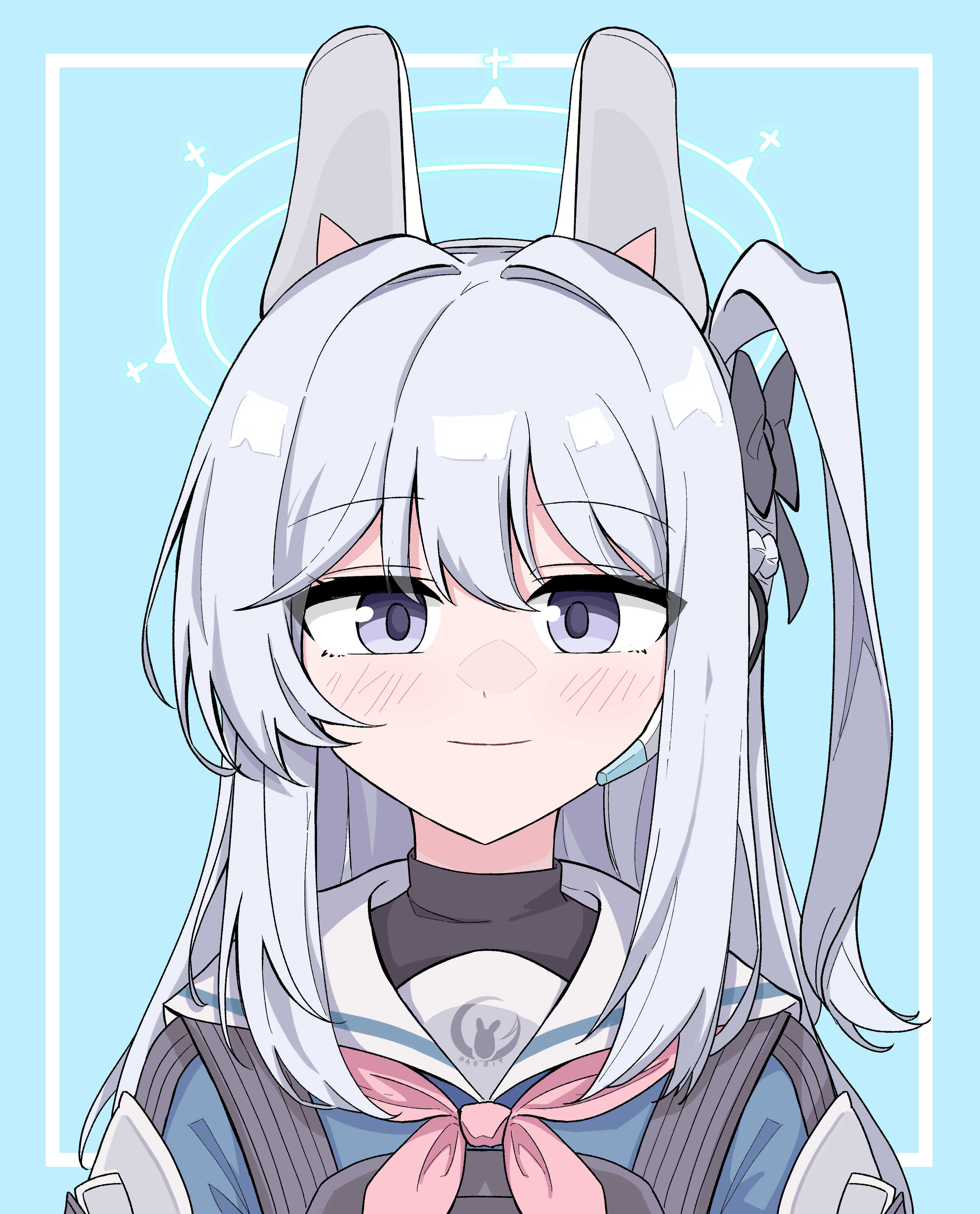 miyako (blue archive), blue archive, absurdres, commentary, highres, 1girl, animal ears, blue background, blue shirt, blush, fake animal ears, grey hair, halo, light smile, long hair, looking at viewer, neckerchief, one side up, pink neckerchief, purple eyes, r qr, rabbit ear headwear, rabbit ears, sailor collar, school uniform, serafuku, shirt, solo, undershirt, upper body, white sailor collar