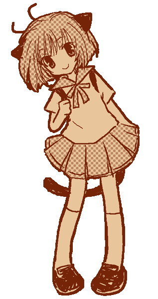 original, archived source, 1girl, ahoge, animal ears, artist name, backpack, bag, ben-day dots, blouse, bob cut, brown outline, brown theme, cat ears, cat girl, cat tail, closed mouth, collared shirt, facing viewer, full body, holding, holding bag, kneehighs, leaning to the side, legs apart, looking at viewer, loose hair strand, miniskirt, monochrome, no nose, outline, pigeon-toed, pleated skirt, ribbon, sailor collar, school uniform, screentones, serafuku, shirt, shoes, short hair, short sleeves, skirt, smile, socks, solo, standing, tail, thick outlines