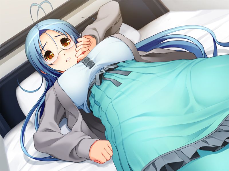 tsuji santa, garnet (sumaga), nitroplus, sumaga, game cg, 1girl, bed, blue hair, female focus, glasses, school, solo