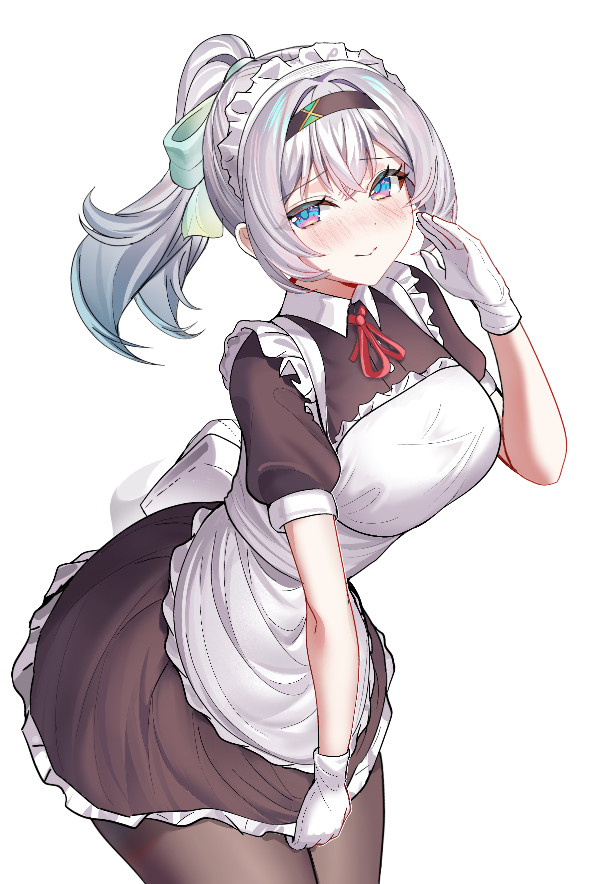 devl ga aru, firefly (honkai: star rail), honkai: star rail, honkai (series), absurdres, commentary, english commentary, highres, 1girl, alternate costume, alternate hairstyle, apron, black dress, black pantyhose, blush, breasts, closed mouth, dress, frilled apron, frills, gloves, gradient hair, green hair, grey hair, hair between eyes, hair ornament, long hair, looking at viewer, maid, maid apron, maid headdress, medium breasts, multicolored hair, pantyhose, pink eyes, short sleeves, smile, solo, white apron, white gloves