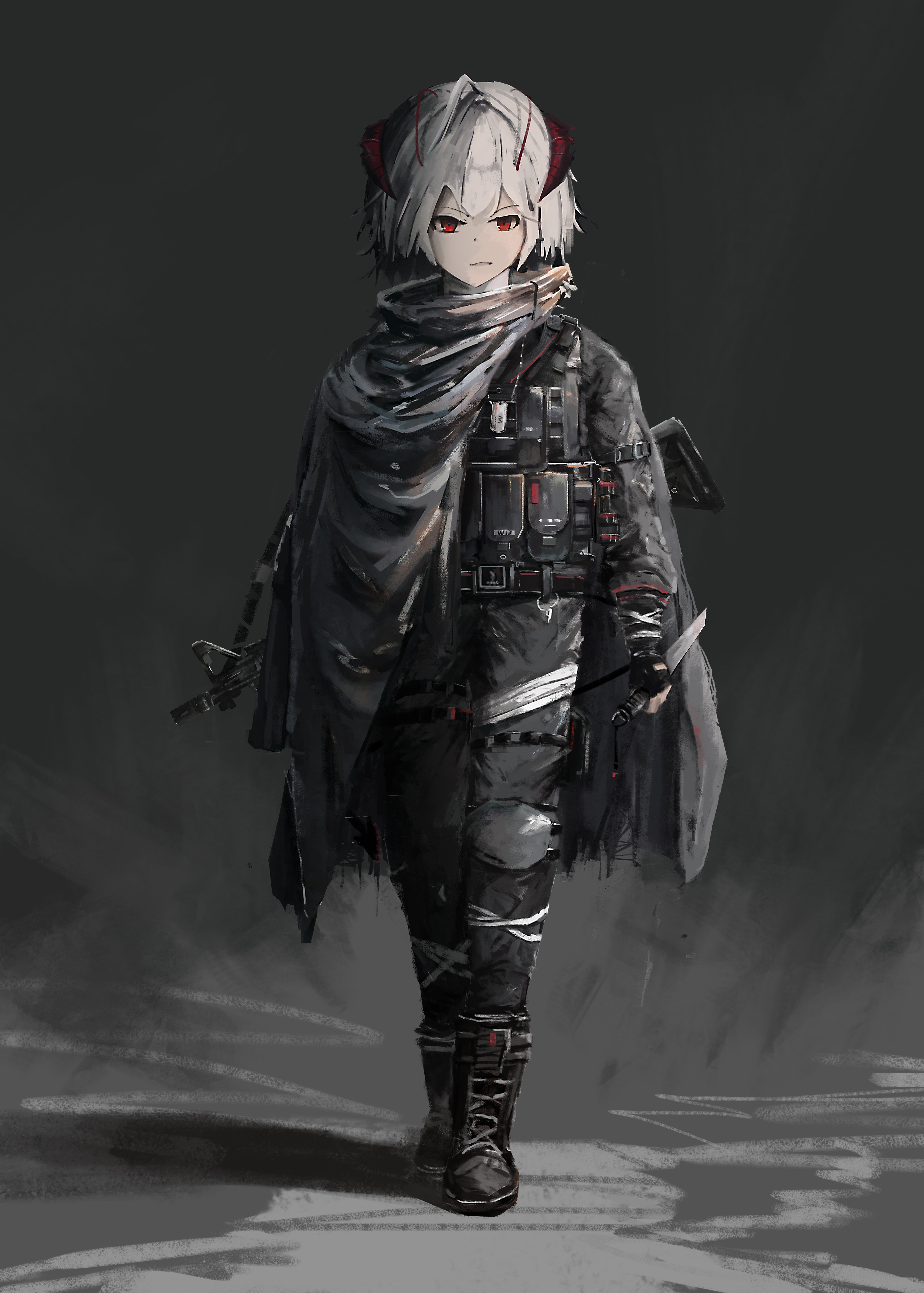 kirok orange, w (arknights), arknights, absurdres, highres, assault rifle, black gloves, boots, combat knife, fingerless gloves, full body, gloves, gun, gun sling, holding, holding knife, knife, lace-up boots, looking at viewer, m4 carbine, medium hair, red eyes, rifle, straight-on, weapon, weapon on back, white hair
