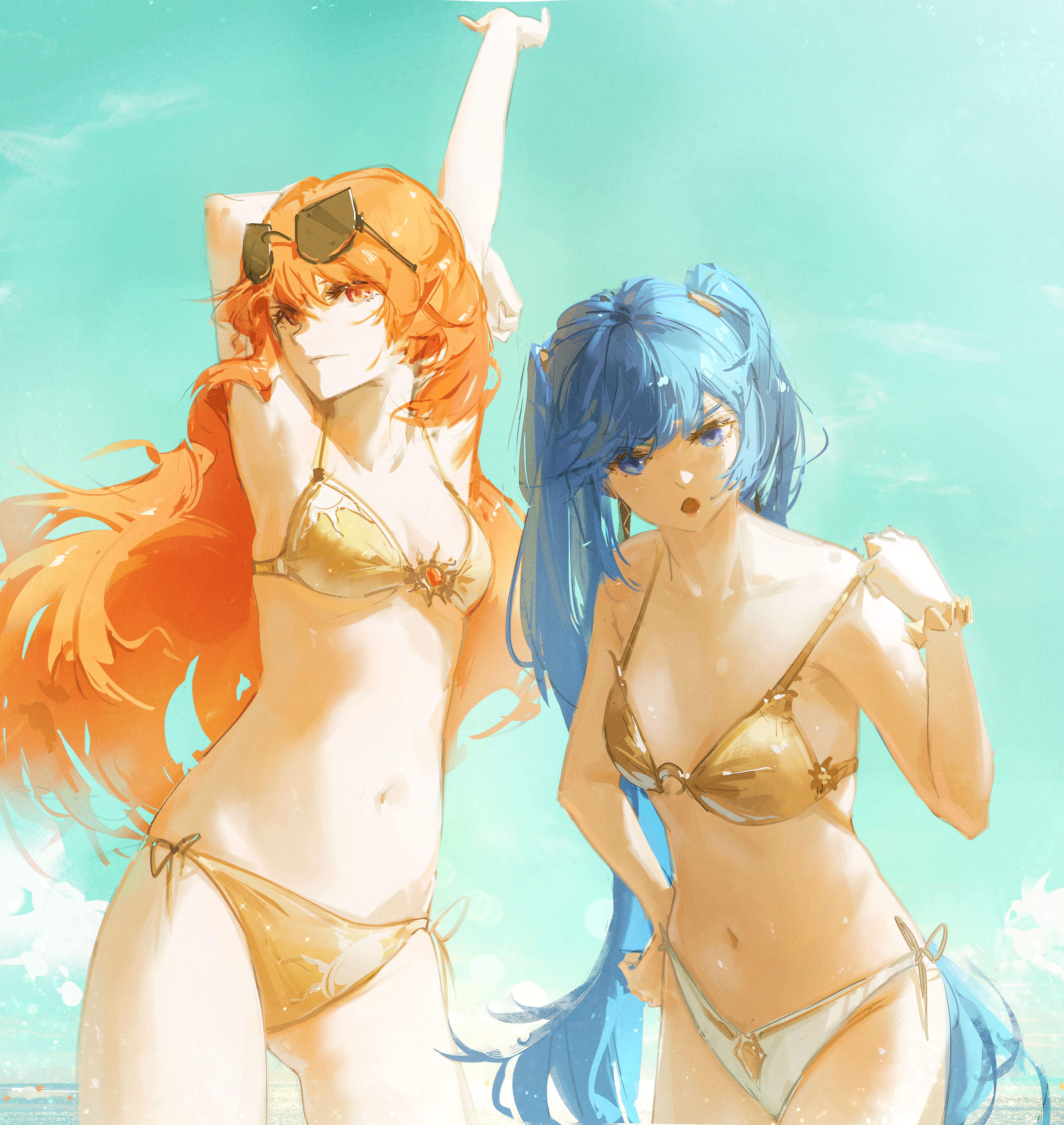 dudrinm, augusta (wuthering waves), iuno (wuthering waves), wuthering waves, absurdres, commentary, highres, symbol-only commentary, 2girls, alternate costume, arm up, arms up, bare shoulders, bikini, blue eyes, blue hair, blue sky, breasts, cleavage, collarbone, day, eyewear on head, gold bra, halterneck, long hair, looking at viewer, medium breasts, mismatched bikini, multiple girls, navel, open mouth, orange hair, outdoors, sky, stomach, string bikini, sunglasses, swimsuit, thighs, twintails, white bikini